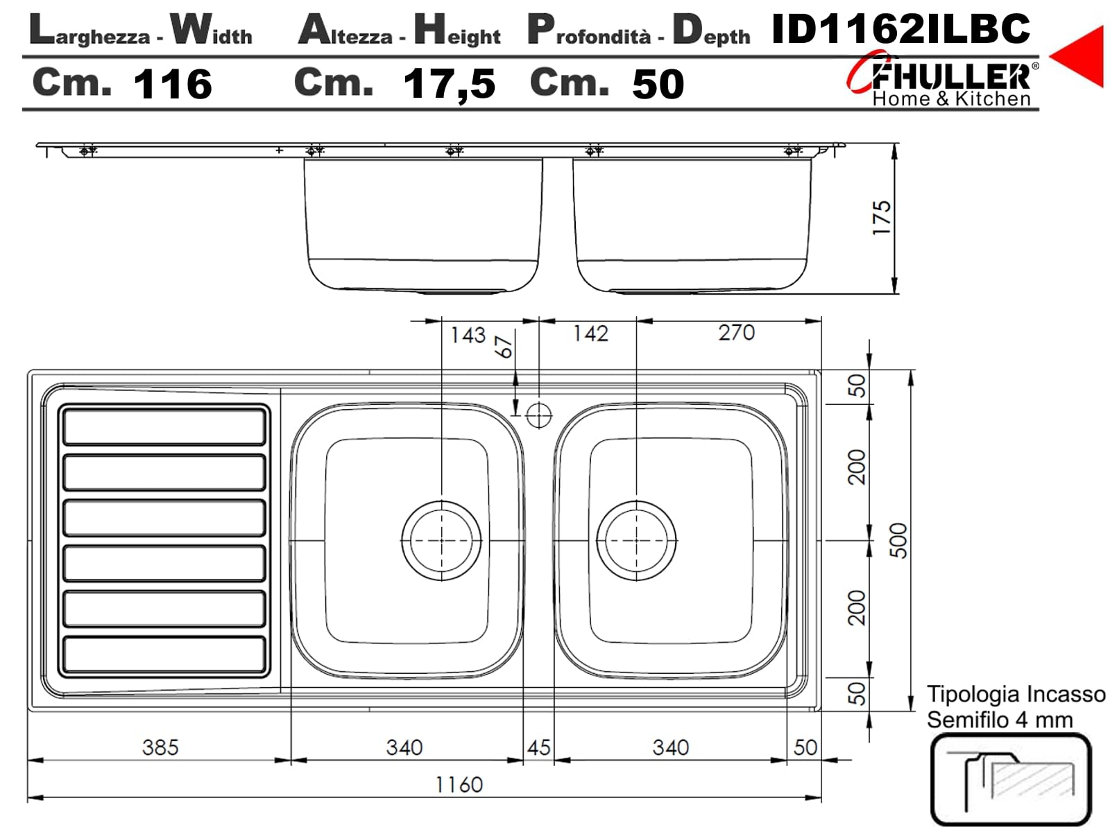 ID1162ILBC ● Lavello FHULLER Incasso Cucina IDEA 116Xx50 2 Vasche a Destra e Gocciolatoio Sinistra, Spessore Acciaio 7/10 Vasche Profonde H 18 Realizzato in Acciaio Inox Spazzolato Made in Italy