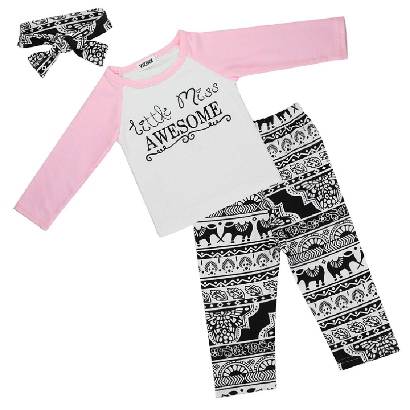 3 Pcs Baby Girls Clothes, Long Sleeve T-Shirt Tops Floral Pants with Headband