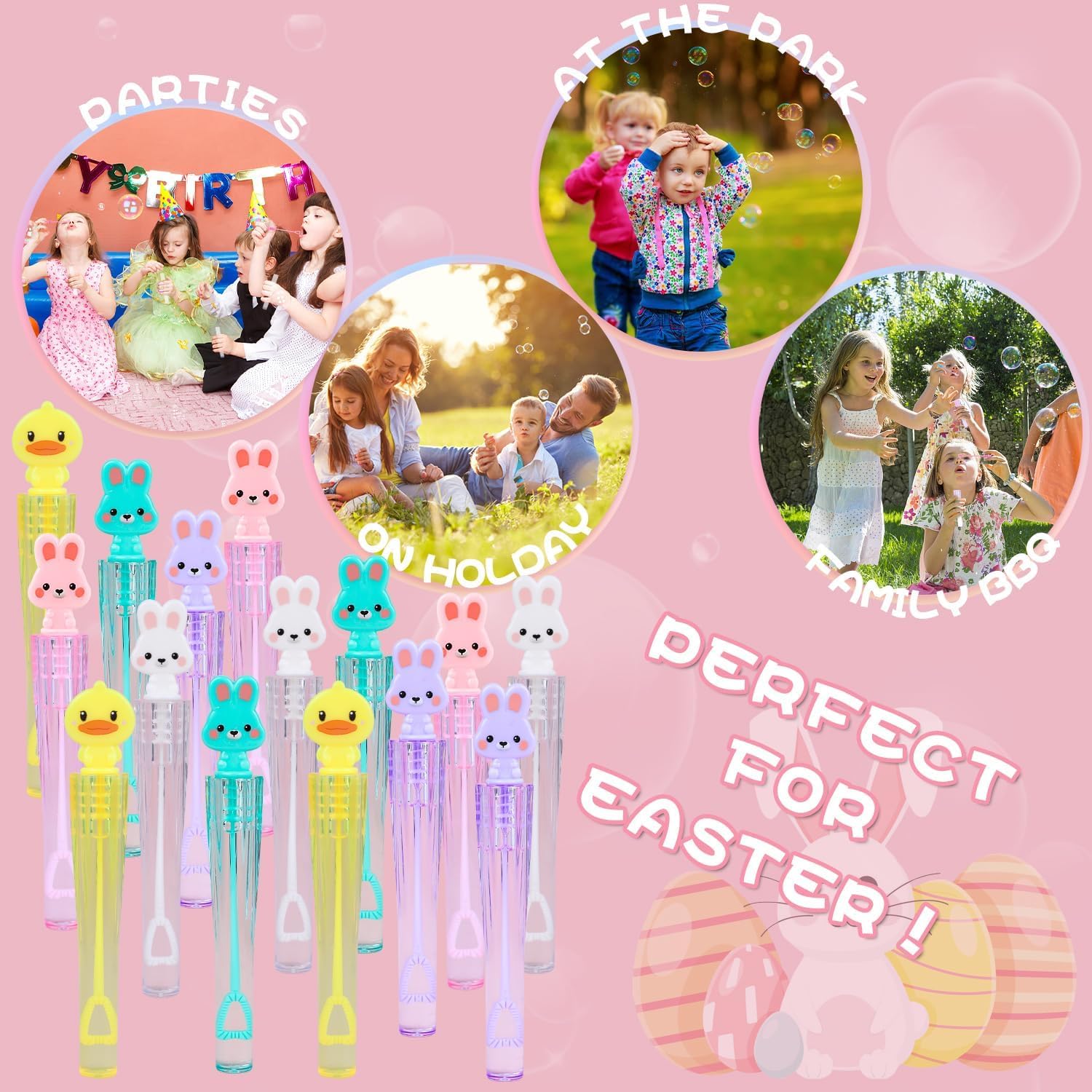 SULOLI 20 Piezas Mini Pompas de Jabón，Palitos de Burbujas de Pascua，Burbuja Varita de Burbujas para Cumpleaños Infantiles, Bodas，Pascua，Exteriores Juguetes para Niños (5 Estilos
