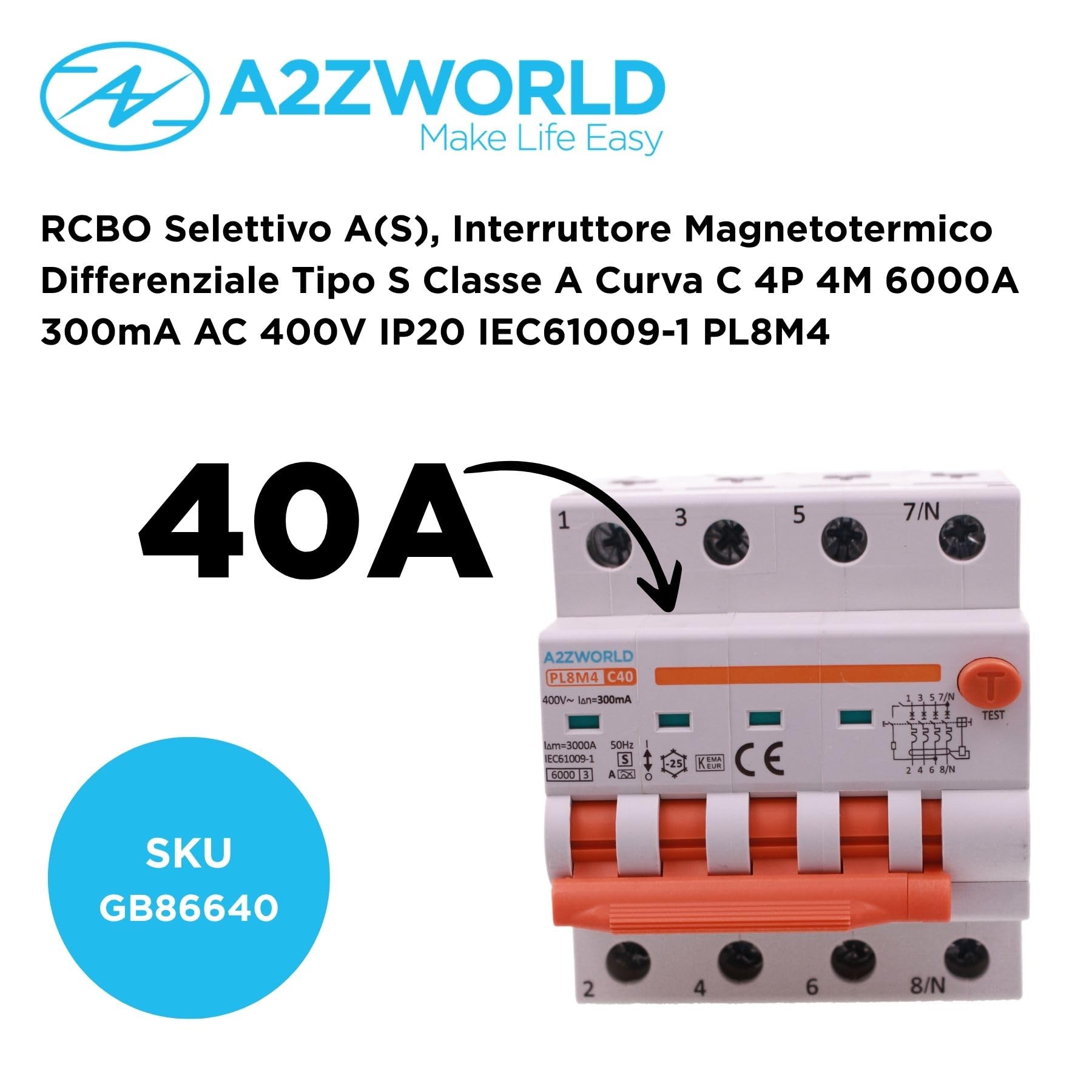 RCBO Selectivo Trifásico 4P Veri, Tipo A(S) 300 mA 40 A C40, Interruptor Magnetotérmico Diferencial Tipo S Clase A Curva C 6kA, Retardo 500 ms, 4 Módulos DIN 380 V AC, Doble Palanca y Diagnóstico
