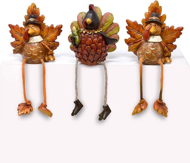 Gift Boutique Thanksgiving Turkey Ceramic Shelf Sitters Decorations 3 Pack Desk Mantel Table Topper Centerpiece Fall Harvest Turkeys Sitting Leg Figurines Autumn Home Indoor Party Accessories