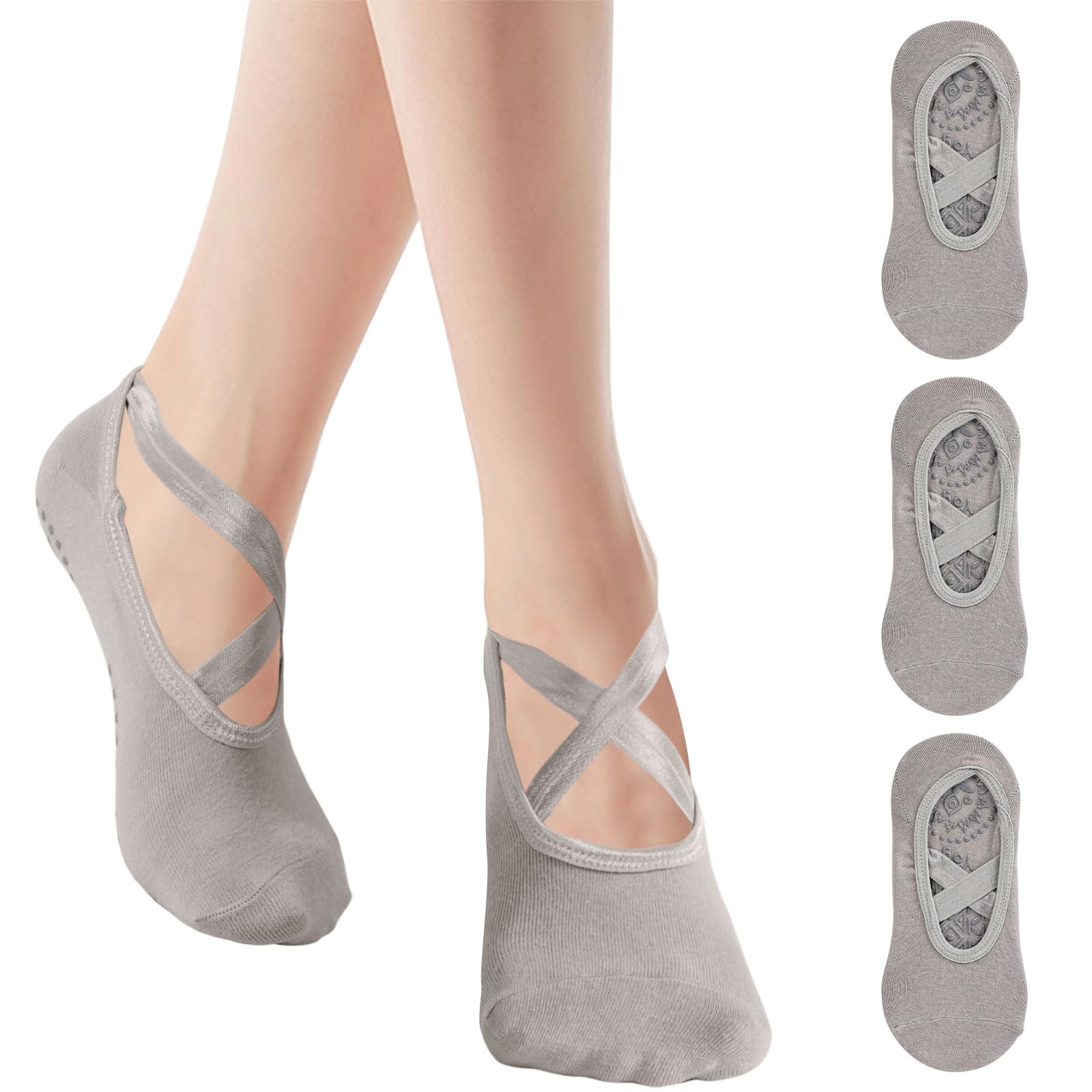 Risipu Grip Pilates Socks for Women,Non-slip Yoga Athletic Socks for Barre Ballet Barefoot Workout Hospital (UK, Alpha, One Size, Regular, Regular, 3 Pairs - Gray)