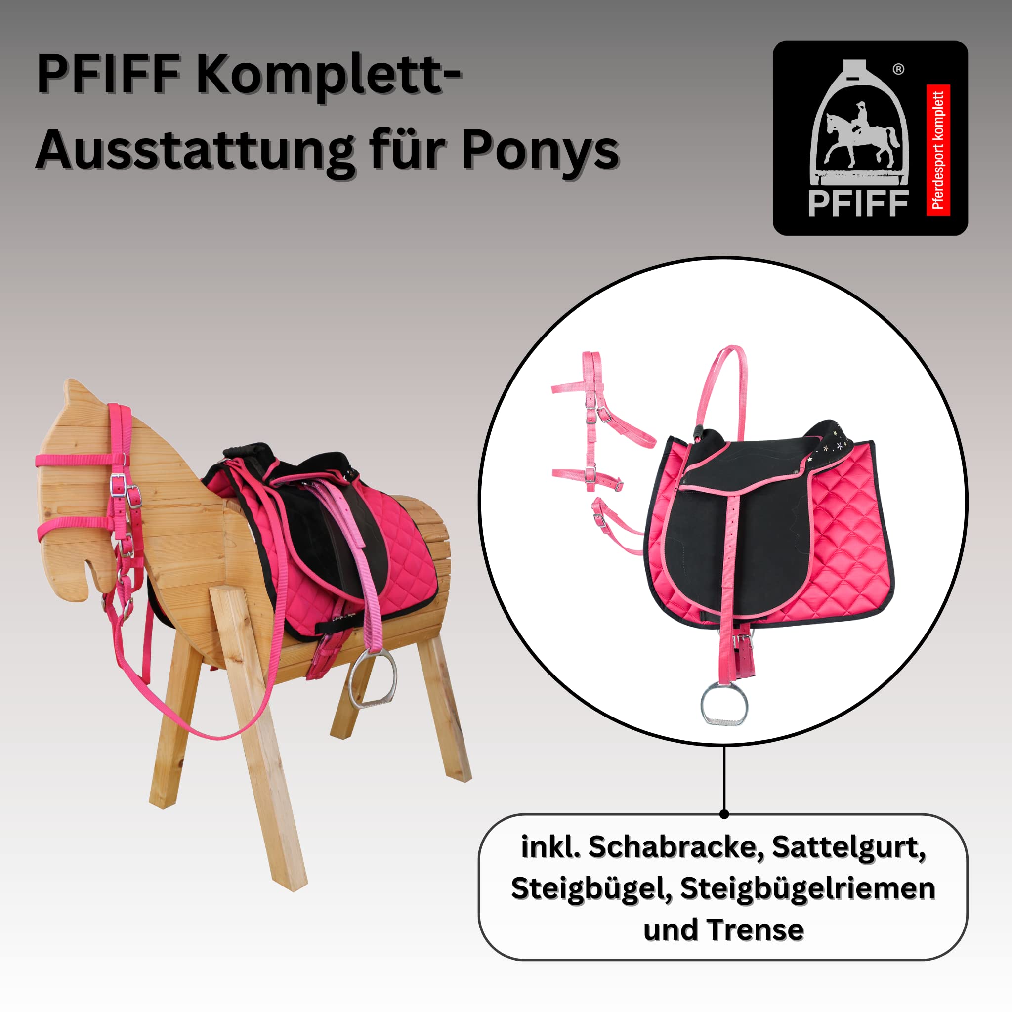 Pfiff 102292 Sattel-Set Komplettausstattung für Ponys und Holzpferde/Plüschpferde, Schwarz-Pink