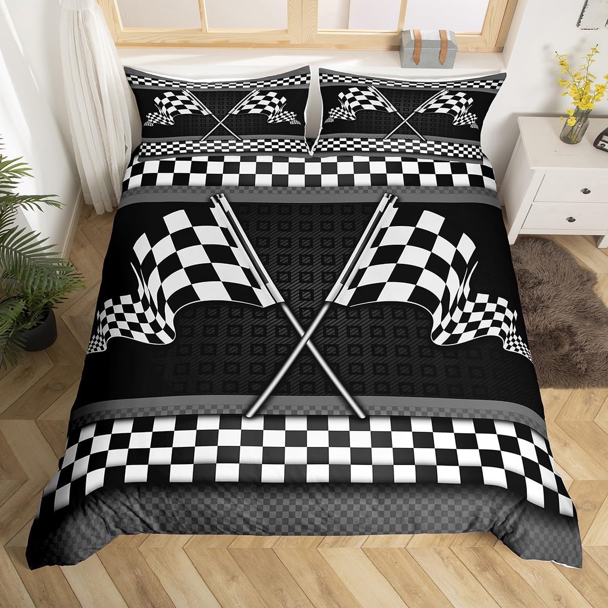 Black White Checkered Flag Print Duvet Cover Queen Size Stripes Geometric Honeycomb Comforter Cover with 2 Pillowcases for Teens Adults Race Car Themed Bedding Set 3 Pcs Decorative Bed Cover