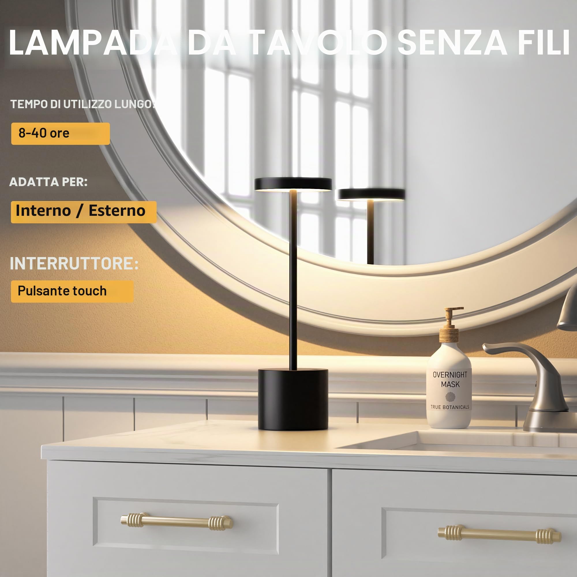 Lampada da tavolo senza fili, Lampada LED da tavolo ricaricabile, 3 Modalità di Colore, Lampada da tavolo LED per sala da pranzo, camera da letto, bar, caffè, ristorante, patio, set da 2 - Nero