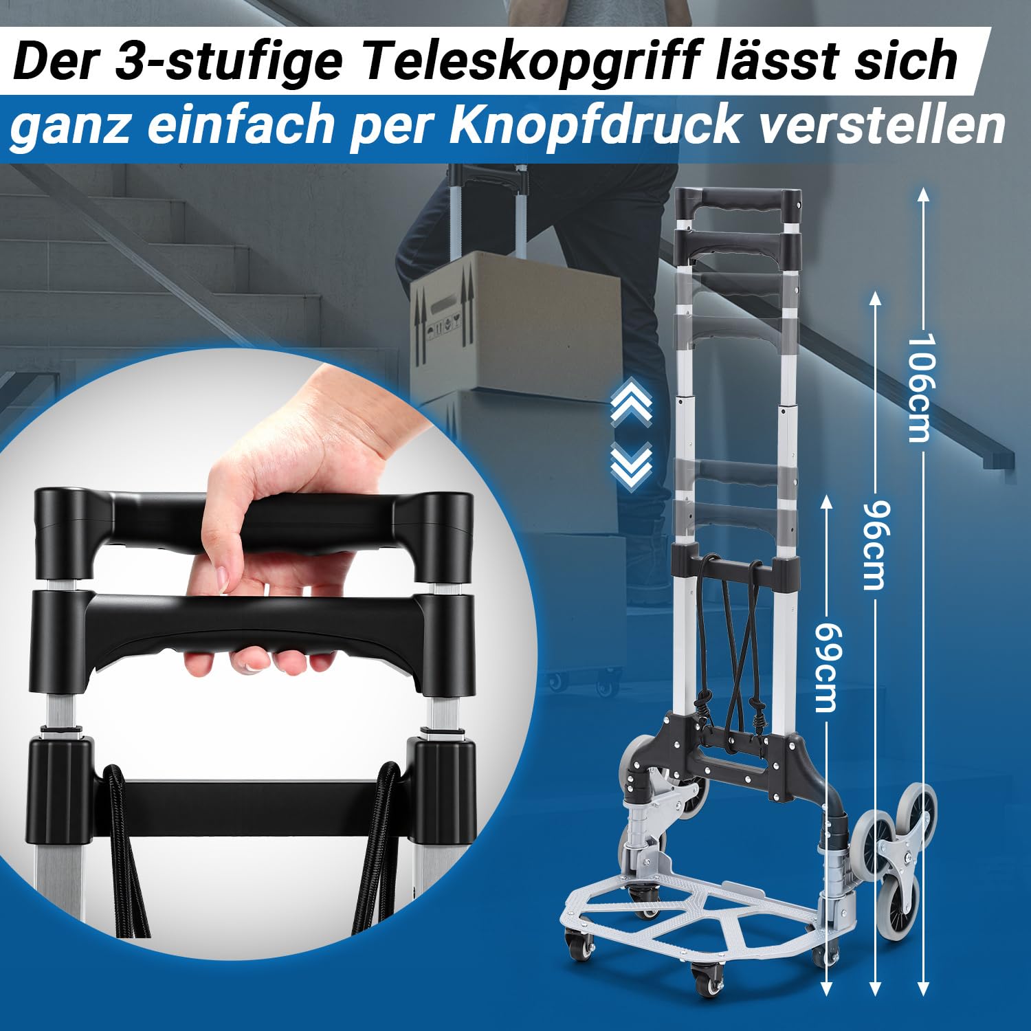 Treppensteiger - Carrello pieghevole fino a 70 kg, in alluminio | Carrello per scale con manico regolabile in altezza, superficie di carico antiscivolo, per lavori domestici e giardino