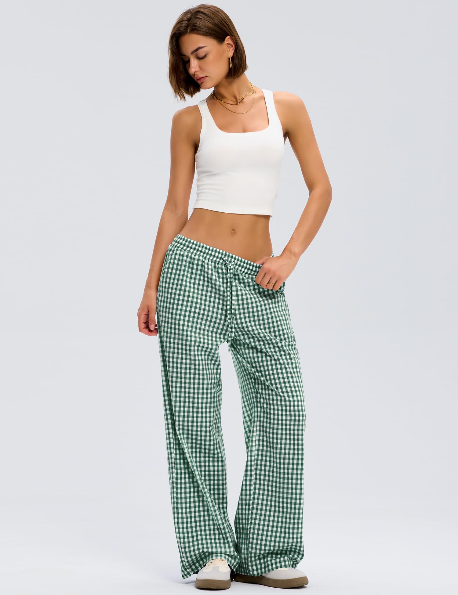 Rapbin Pantaloni pigiama da donna a righe a quadretti casual loungewear estate 2026 gamba larga pantaloni Y2k con tasca
