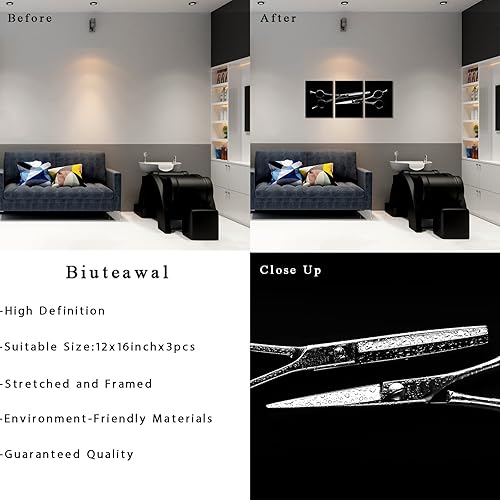 Miniatura 6 de Biuteawal Lienzo para el cabello, arte de pared, tijeras de peluquería, herramientas de corte de pelo, impresión de imagen en lienzo, 3 piezas,