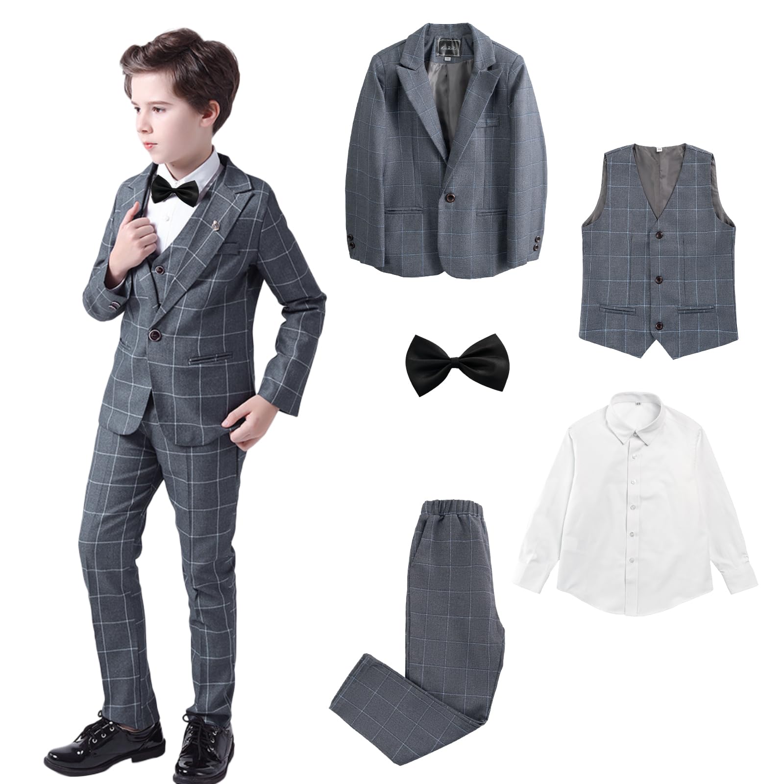 LOLANTA Costume Enfant Garçon 5 Pièces Slim Fit Tenue de Mariage et de Cérémonie pour Garçon, Pantalon de Costume, Gilet, Chemise avec Nœud Papillon, 3-12 Ans