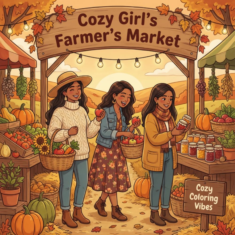 Cozy Girl's Farmer's Market: Fun & Cute Coloring Book for Adults & Teens | Easy Bold Line Vintage Designs of Fresh Produce, Flower Stalls, Baskets, ... & Thoughtful Gift (Cozy Girl Collection)