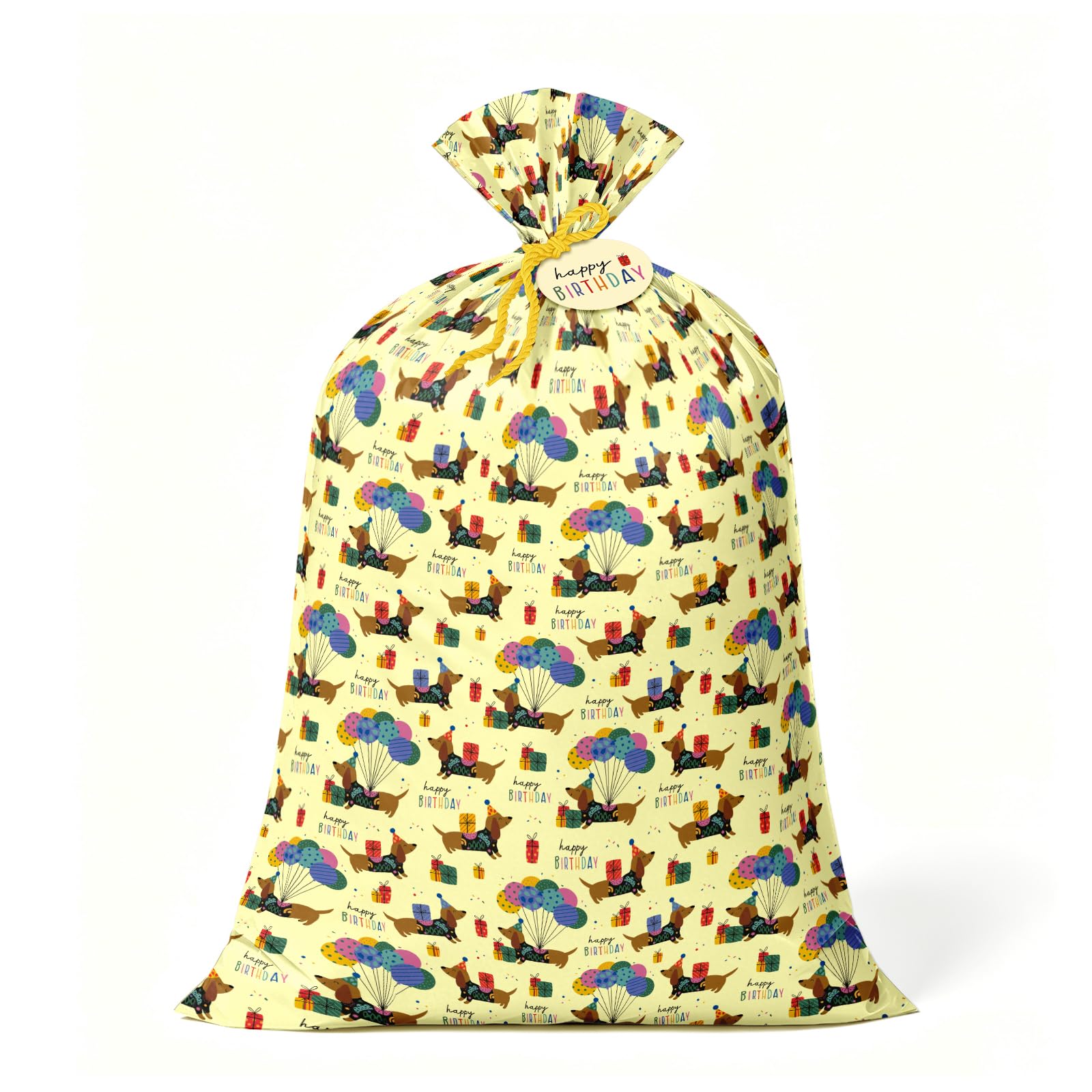 Loveinside 56" Extra Large Dog Birthday Plastic Gift Bag - Bday Balloon Cartoon Dachshund Jumbo Bike Bag Gift Wrap for Kids Boys Girls Birthday, Baby Shower - 56" H x 36" W