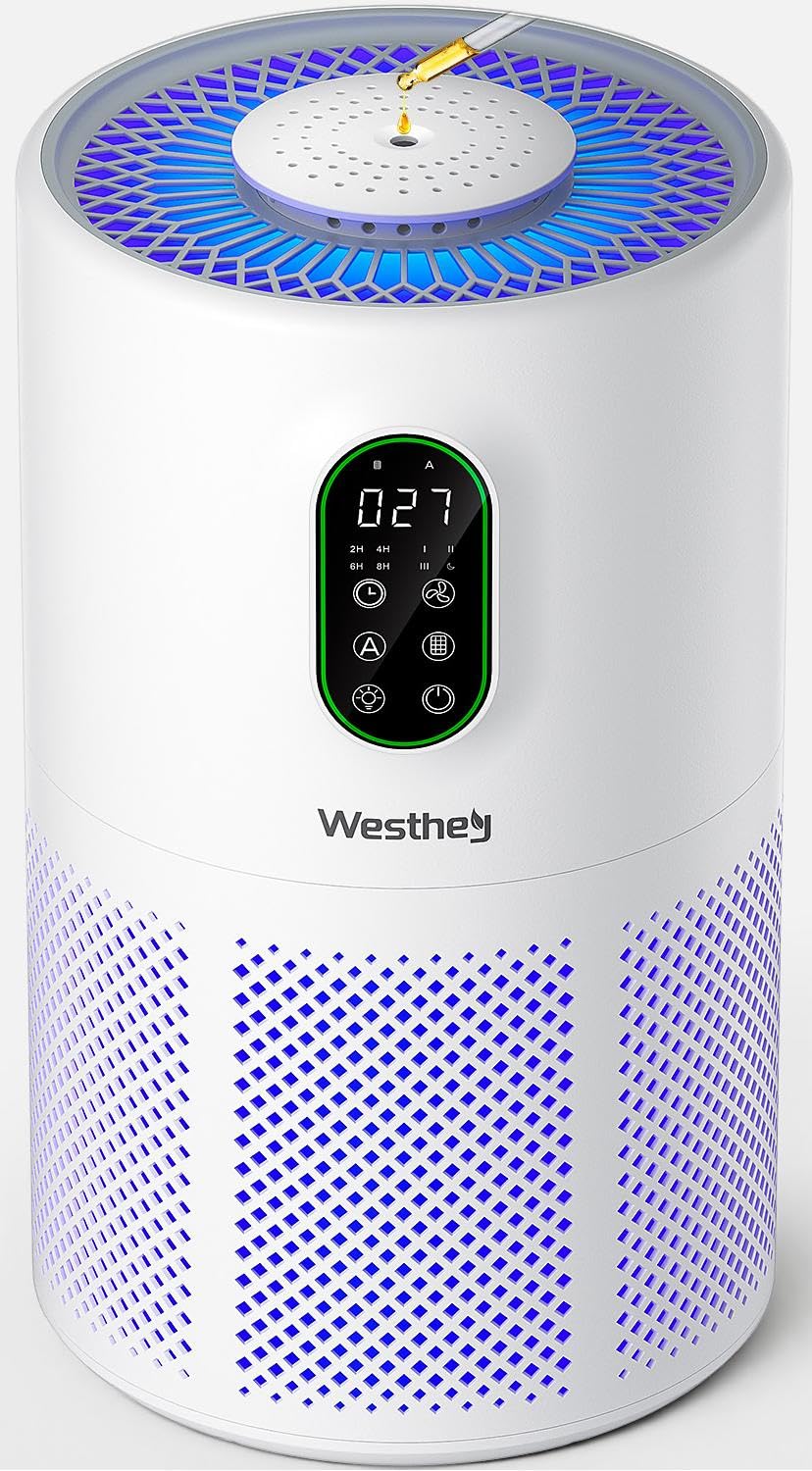 Purificatori d'aria per la casa di grandi dimensioni 1650 m² con filtri lavabili, WESTHEY H13 HEPA purificatore d'aria con fragranza che scorre luce ambientale, filtro dell'aria per Wildfire, fumo