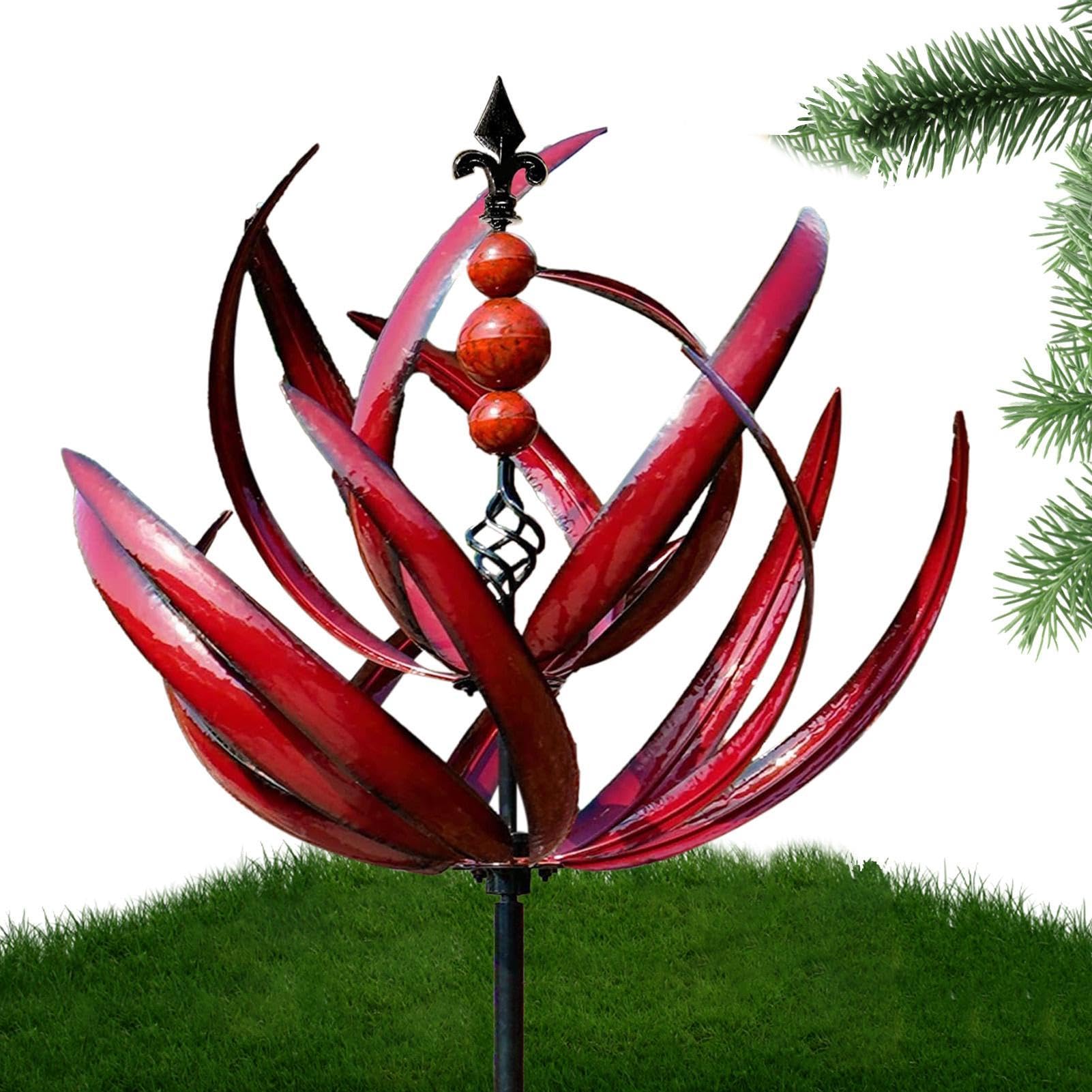 Rotatable Harlow Wind Spinner, Yard Art Garden Lawn Decor, Red Lotus Wind Spinner, Rotatable Outdoor Windmill, Rotatable Metal UV Resistant Lotus Stakes, Large Outdoor Wind Spinners Sculptures