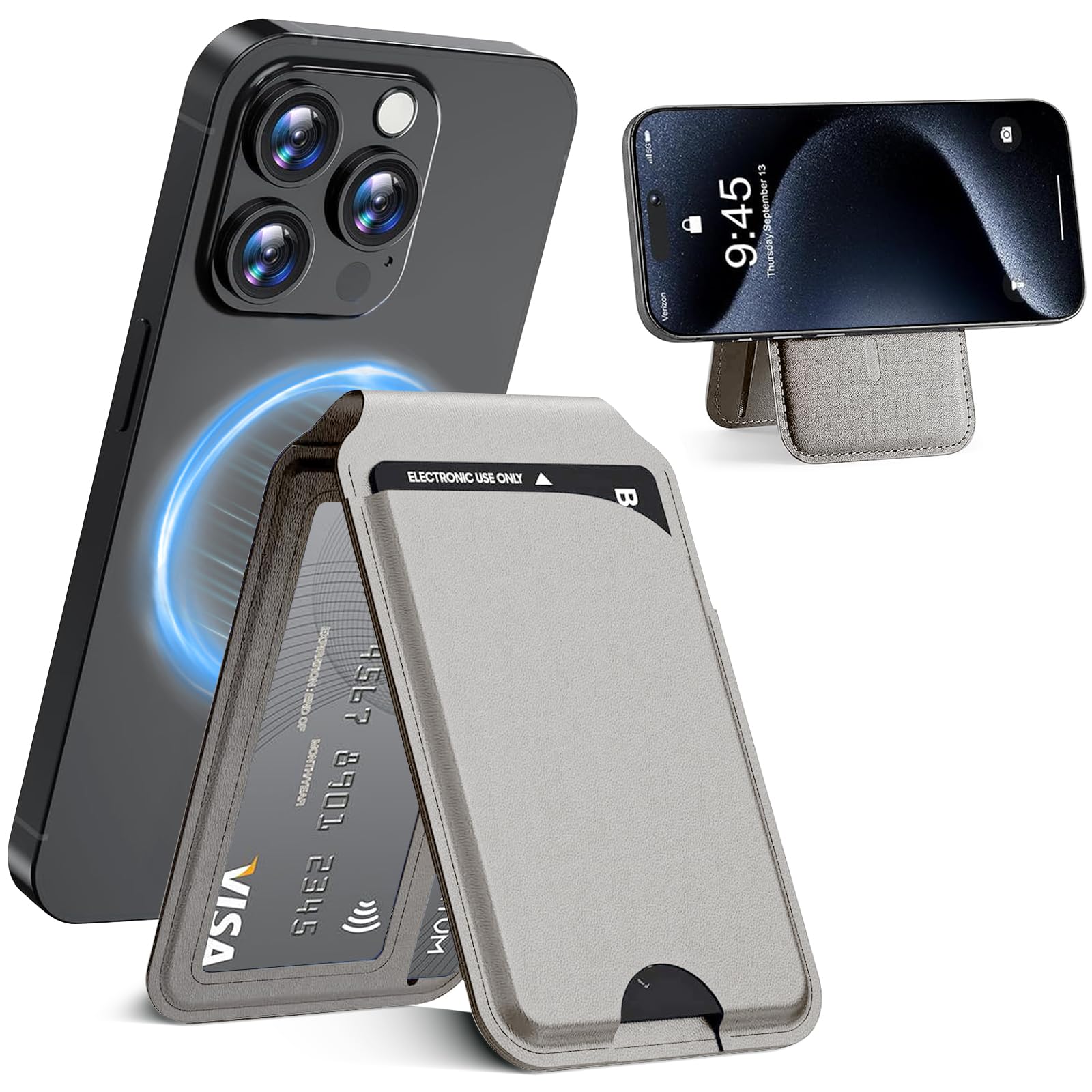 Magnetische Brieftasche für iPhone Handy Kartenhalter mit Verstellbarer Ständer 5 Kartenhalter/ID Fenster/RFID Blocker/PU Leder Wallet, für iPhone 17/16/15/14/13/12 Serie, Not for iPhone 13/12 Mini