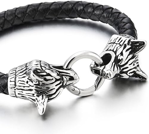 Miniatura 3 de COOLSTEELANDBEYOND Pulsera vintage de acero inoxidable para hombre con cabeza de lobo negro trenzado genuino brazalete de cuero, Cuero, no aplica
