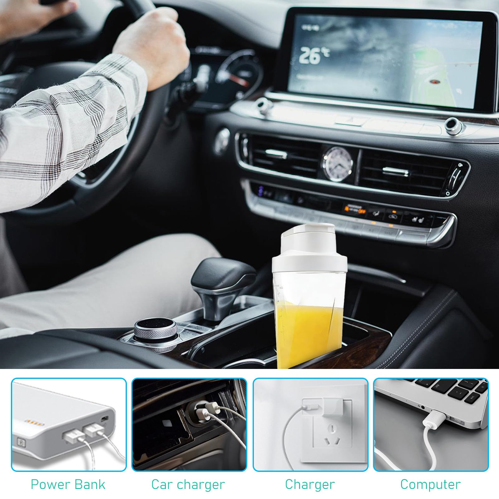 Frullatore portatile da 700 ml, mini frullatore con 6 lame, 6000 mAh, ricaricabile tramite USB, senza BPA, coperchio a prova di perdite e beccuccio per casa, ufficio e viaggi, bianco
