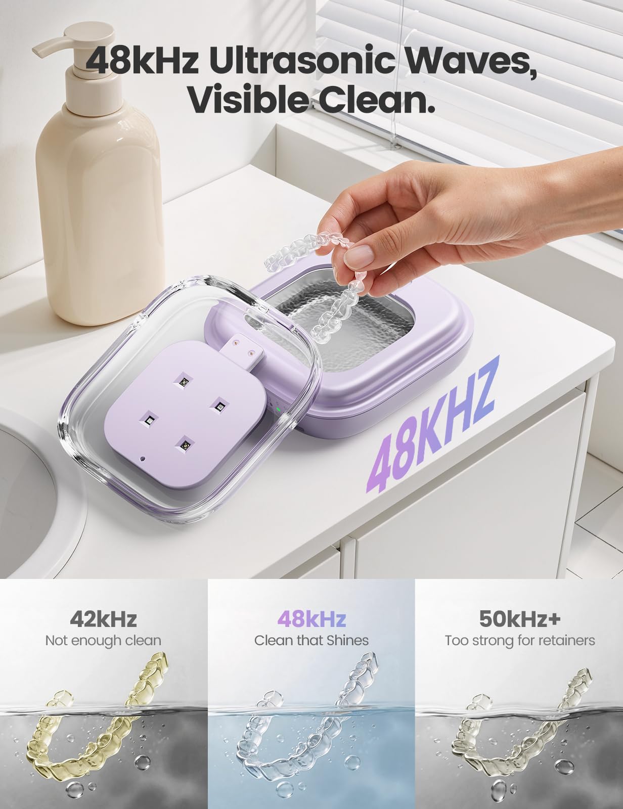 VAYDEER Limpiador Ultrasónico 48 kHz con 3 Modos, Morado | Limpieza ultrasónica portátil para férulas, retenedores, prótesis y joyas con temporizador digital