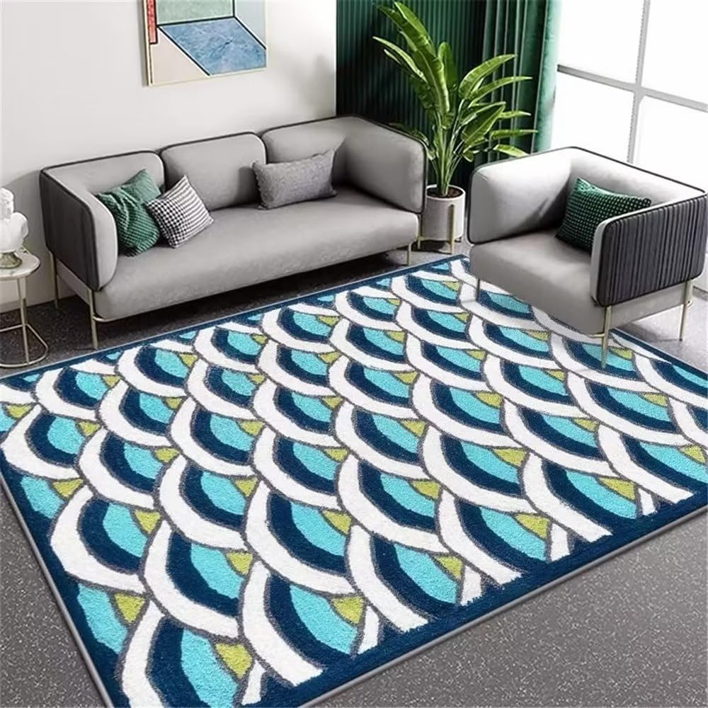 Tapis de salon bleu anti-acariens géométrique pour grand espace