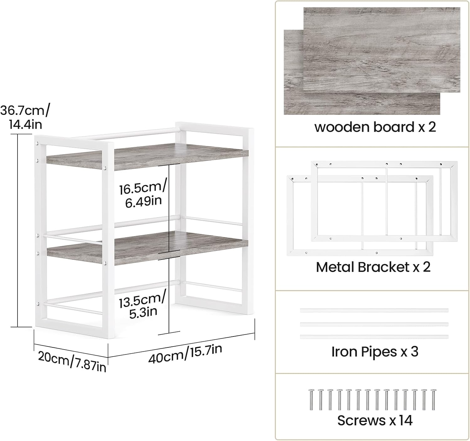 Office Desk Shelf Organizer, Wood Desktop Bookshelf Supplies Storage Rack, Shelf for Top of Desk and Dresser (Grey-2 Tier)