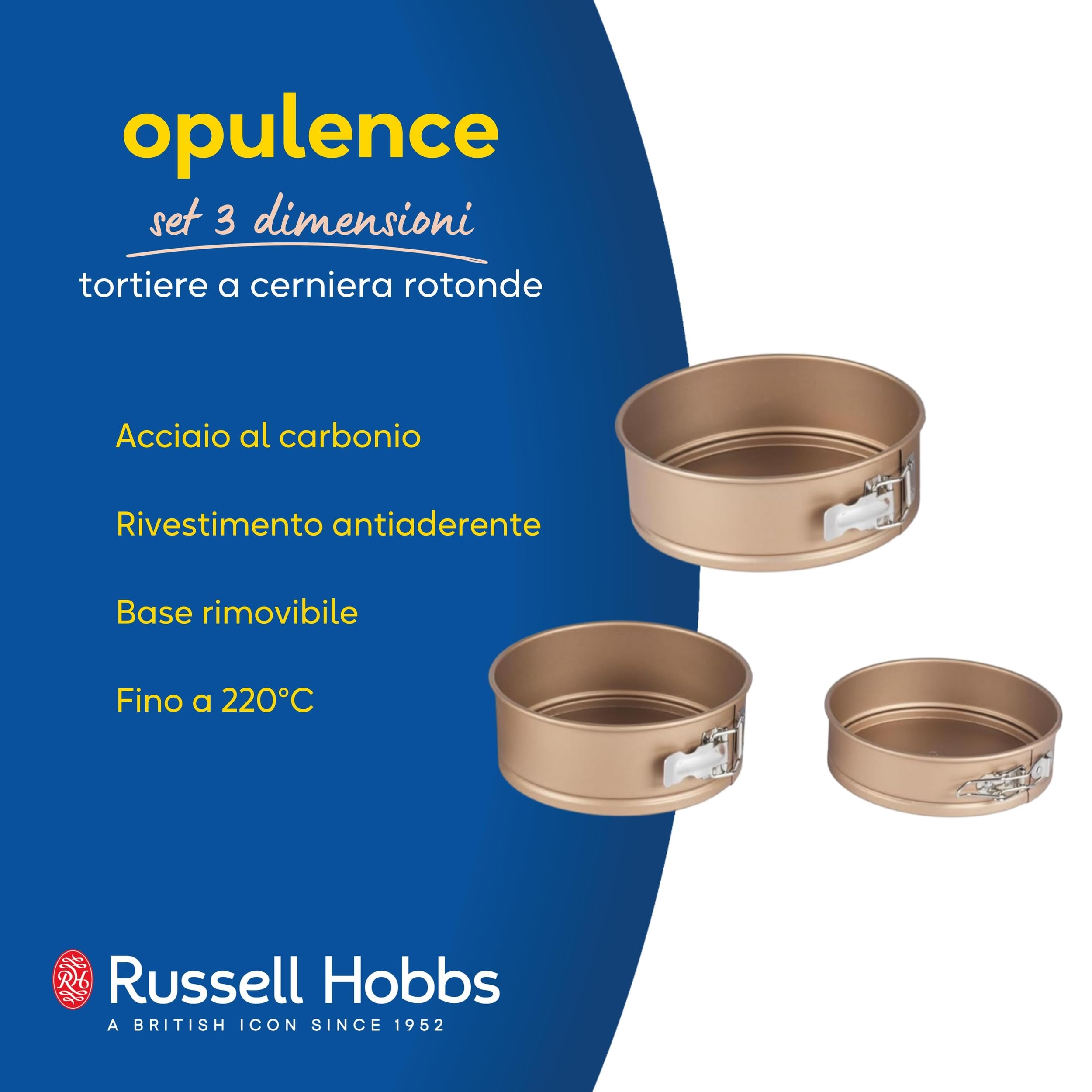 Set Teglie a Cerniera Rotonde Russell Hobbs Opulence - 3 Pezzi, 16 cm / 6 Pollici, 20 cm / 7.8 Pollici, 24 cm / 9.4 Pollici Antiaderente per Torta, Fondo Amovibile, Acciaio al Carbonio, Senza PFOA