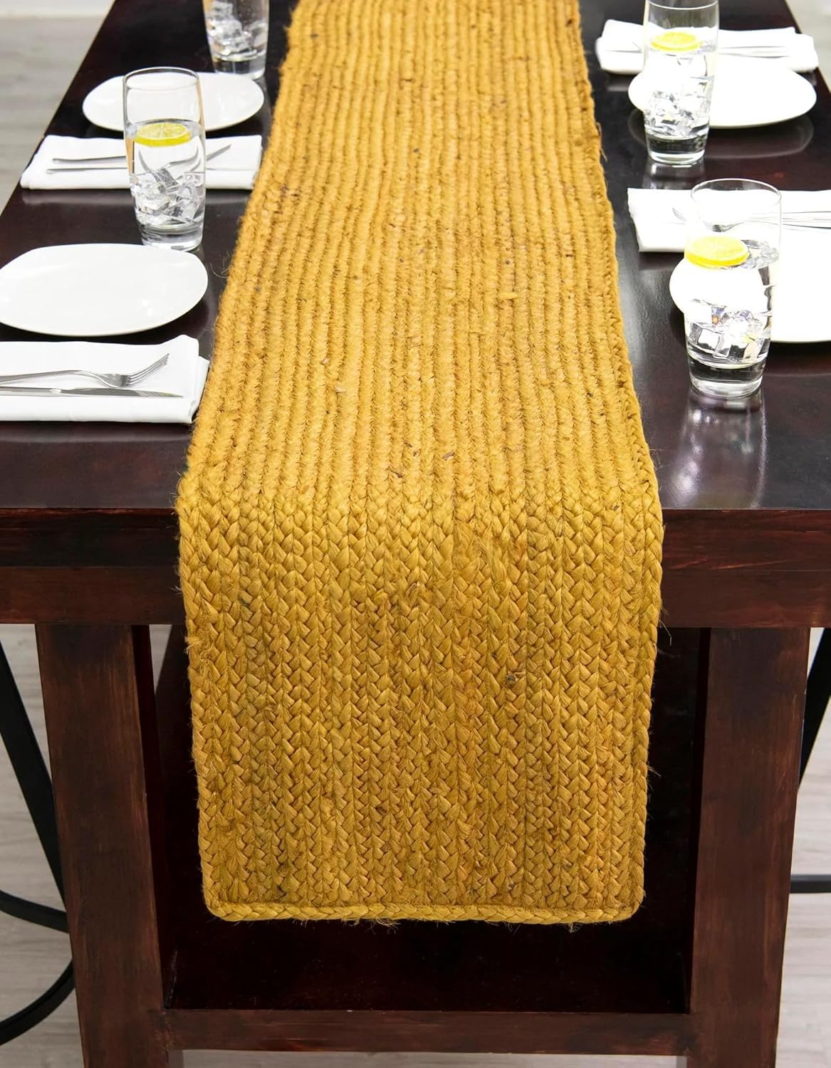 Chemin de table en jute jaune 33x91 cm idéal pour repas de fête champêtre et déco de salon