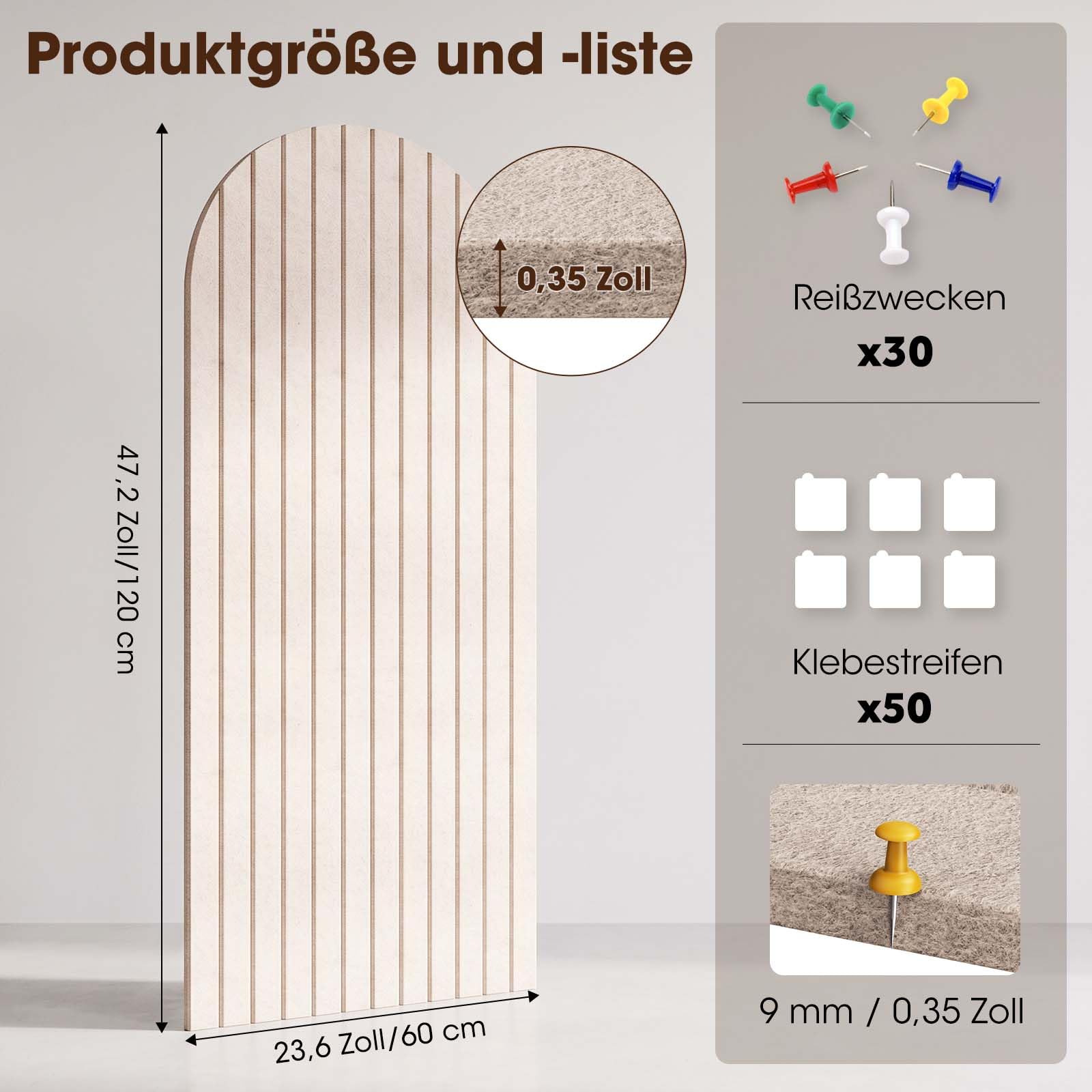 120 x 60 cm Filz-Pinnwand, selbstklebend, 3er-Pack Kork-Alternative, 0,9 cm dick, Fotowand, Pinnwand, Memoboard mit 30 Pinnadeln für Büro, Küche, Zuhause, Beige