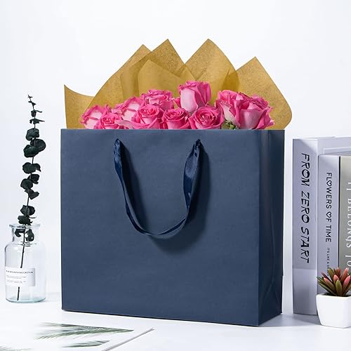 Miniatura 6 de Driew Bolsa de regalo azul marino extragrande, 12 unidades, papel kraft de 12.6 x 4.5 x 11 pulgadas, asas de cinta, ideal para bodas, fiestas,