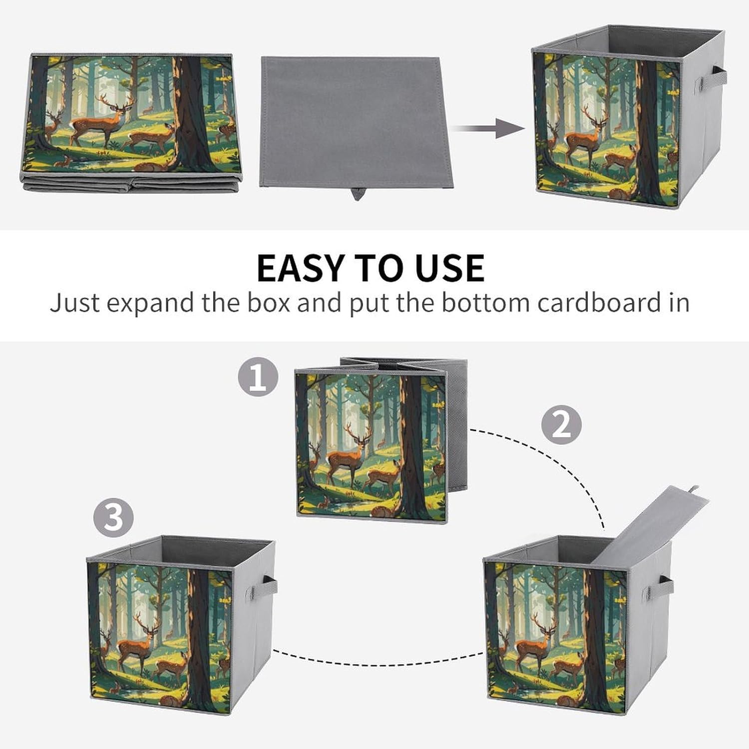 Forest Wildlife Foldable Storage Box with Handles, Durable Oxford Storage Cubes, 2PCS Collapsible Closet Organizer for Home, Shelf, Office, Travel