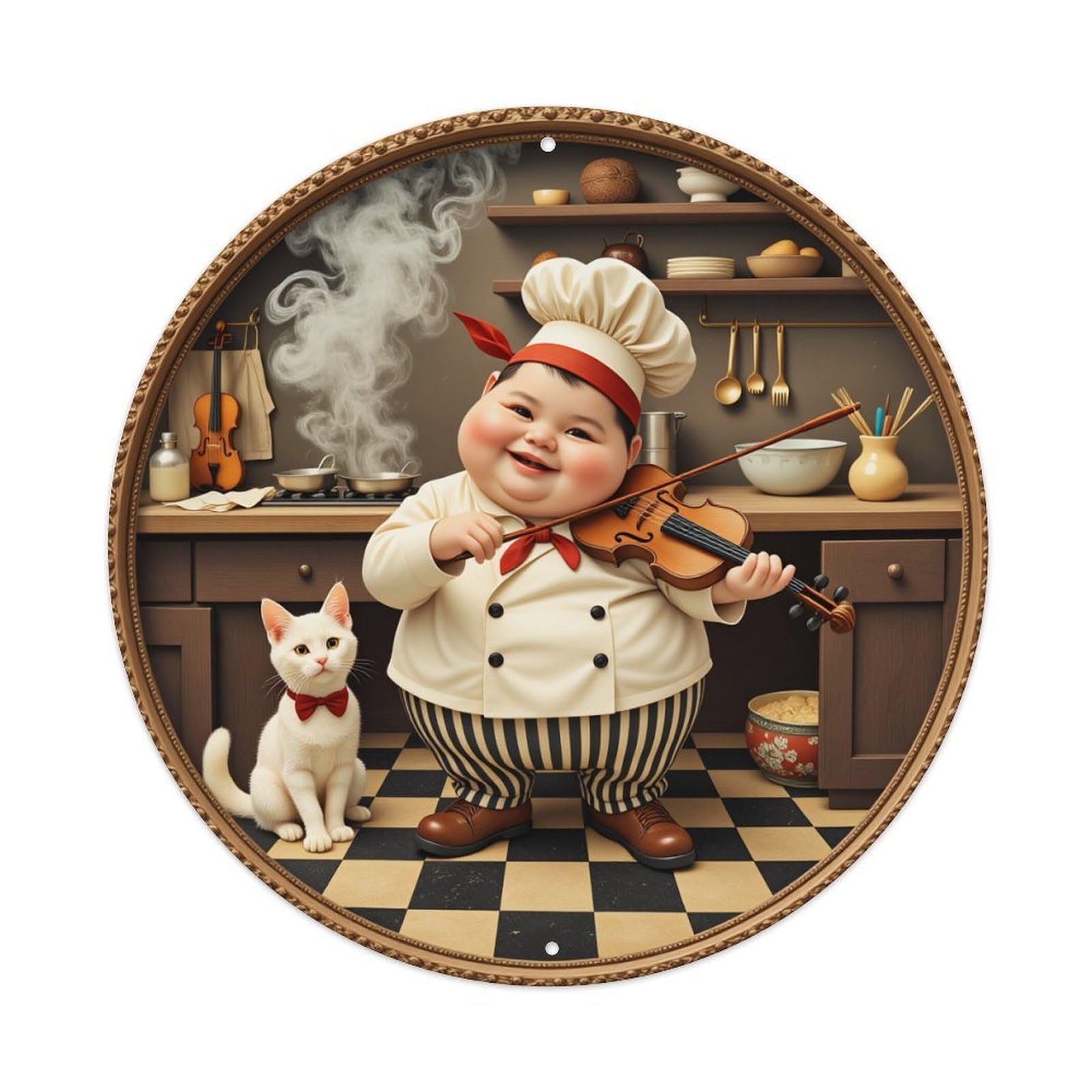 Chef Playing Violin With Cat_1 Round Tin Sign Vintage Metal Poster, Home Bar Garage Man Cave Cafe Indoor & Outdoor Wall Decoration 8x8Inches
