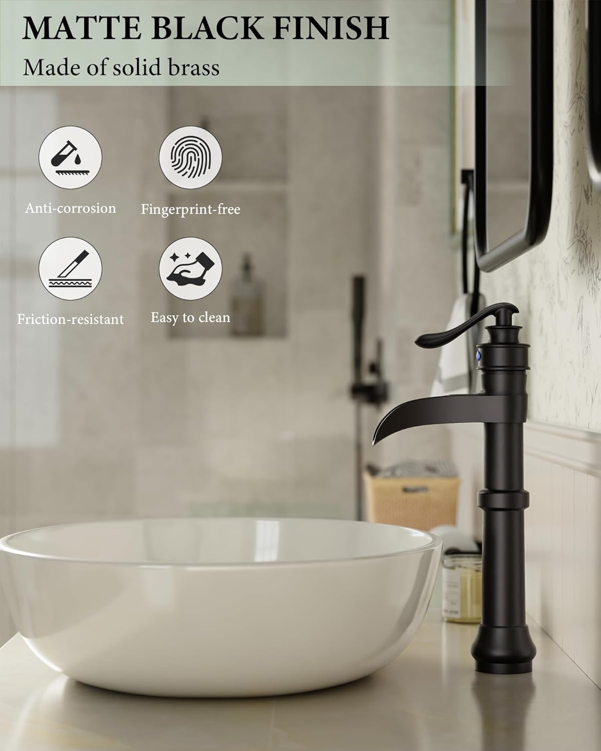 Homevacious Black Bathroom Faucet Vessel Sink Matte Waterfall Farmhouse Single Hole Antique Bowl with Pop Up Drain Stopper Lavatory One Handle Supply Line Without Overflow