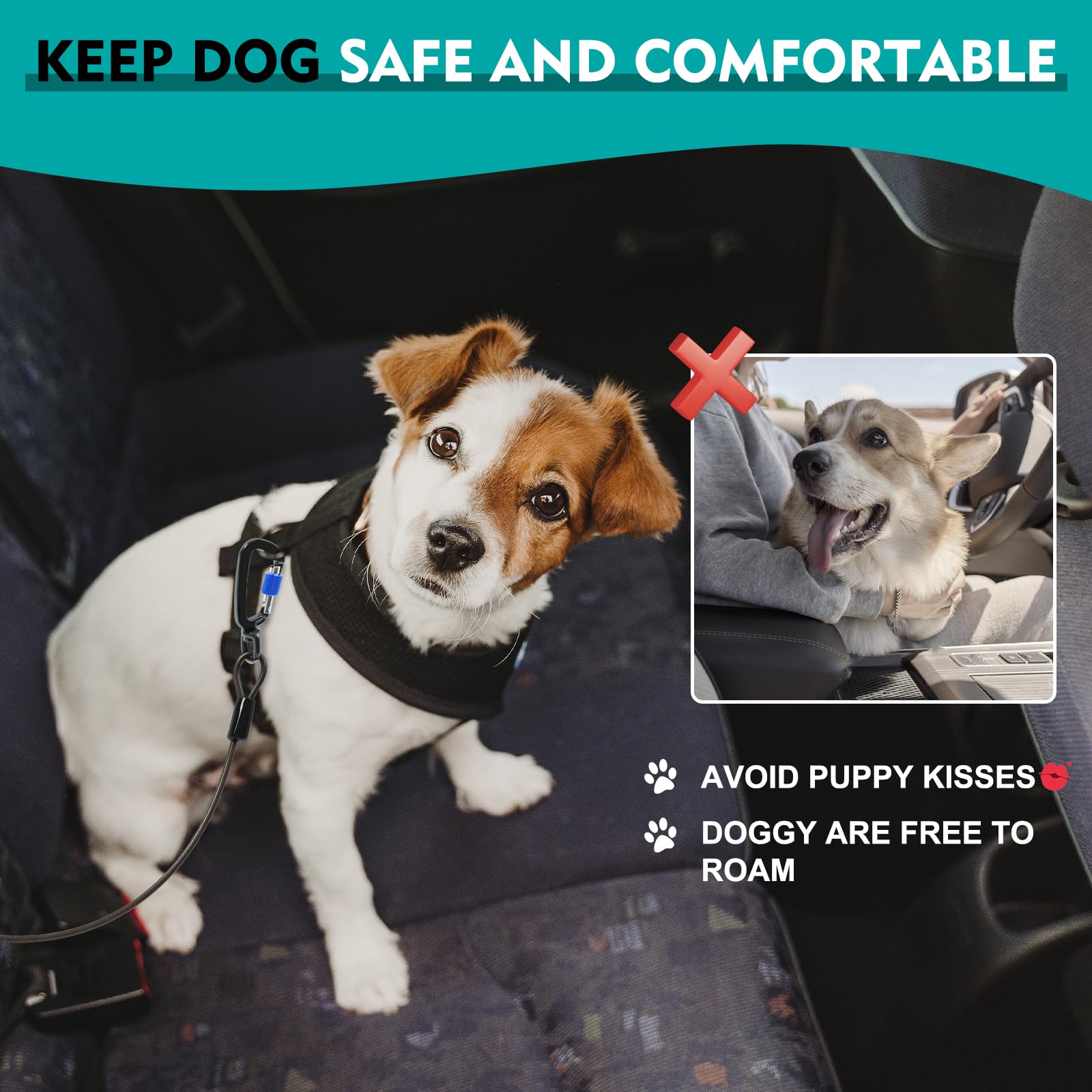 Chew Proof Dog Seat Belt for Car, 32 inch Black Dog Car Harness with Latch Bar Attachment and Aviation Aluminum Carabiner Up to 1000 lbs, Secure Dog Seatbelt Leash 1 Pack - image 3
