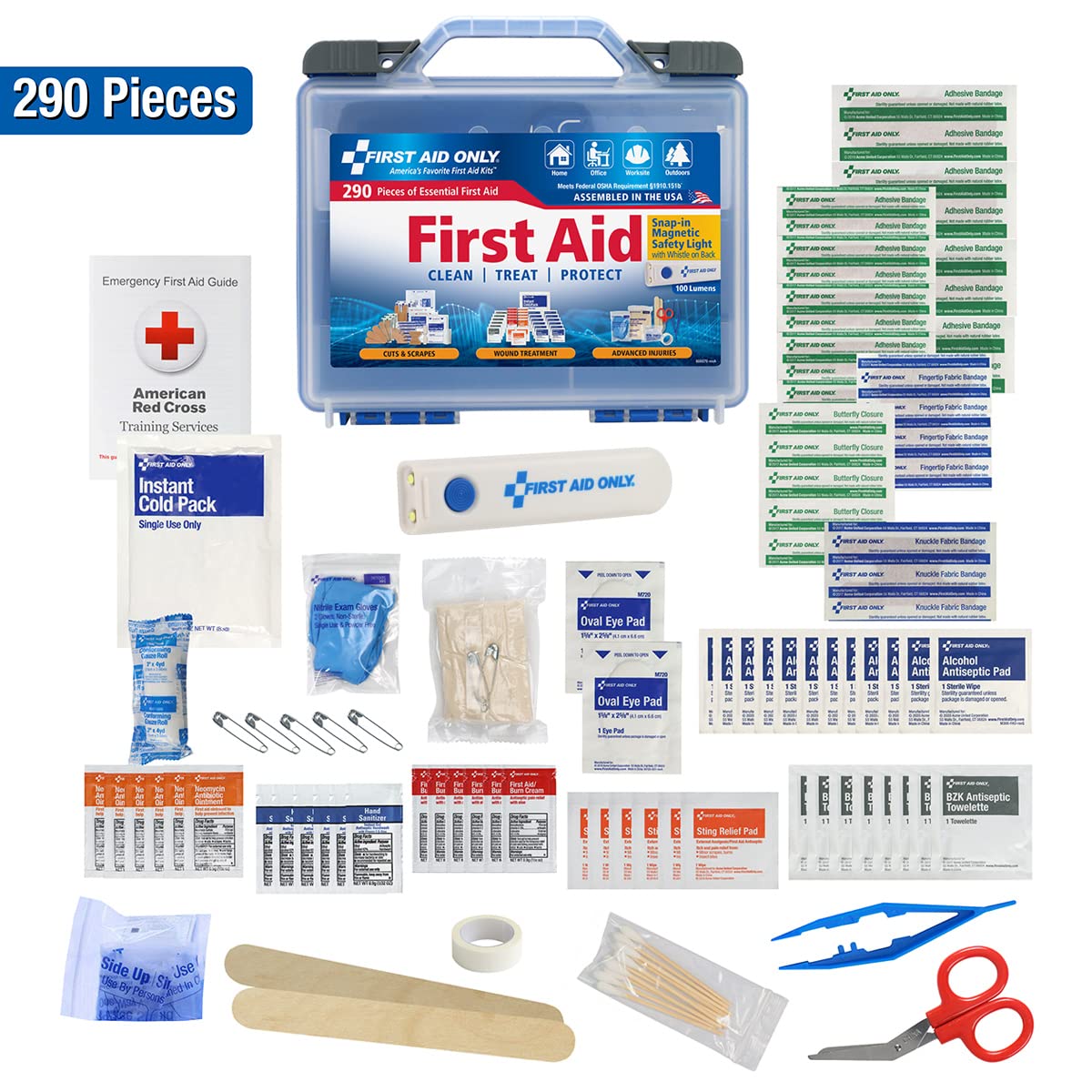 First Aid Only 290 Piece All-Purpose First Aid Kit with Magnetic Safety Light