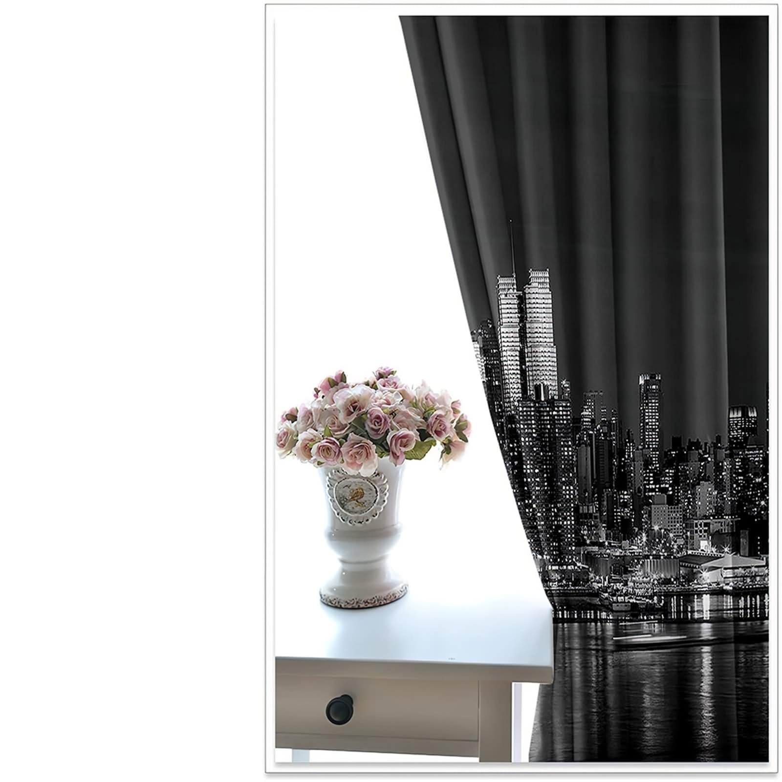 Rideau de Fenetre Interieur Salle de Bain, Rideau Boheme Exterieur Gris Foncé Paysage de Construction de La Ville Côtière Polyester Lot de 2 468x214cm