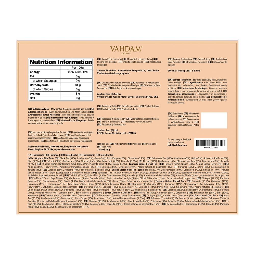 VAHDAM Caja De Regalo Variada De Té Chai (6 Sabores, 36 Bolsas) Con Cafeína, Sin Gluten, Sin OGM | Caja De Infusión De Con Mezclas De Indio Masala Chai