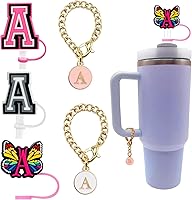 Vista 1 de 3 tapas de popote para Stanley Cup de 30 y 40 onzas, reutilizable, 0.394 in, tapa protectora de popote con 2 dijes de letras iniciales