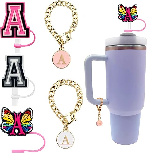 3 tapas de popote para Stanley Cup de 30 y 40 onzas, reutilizable, 0.394 in, tapa protectora de popote con 2 dijes de letras iniciales