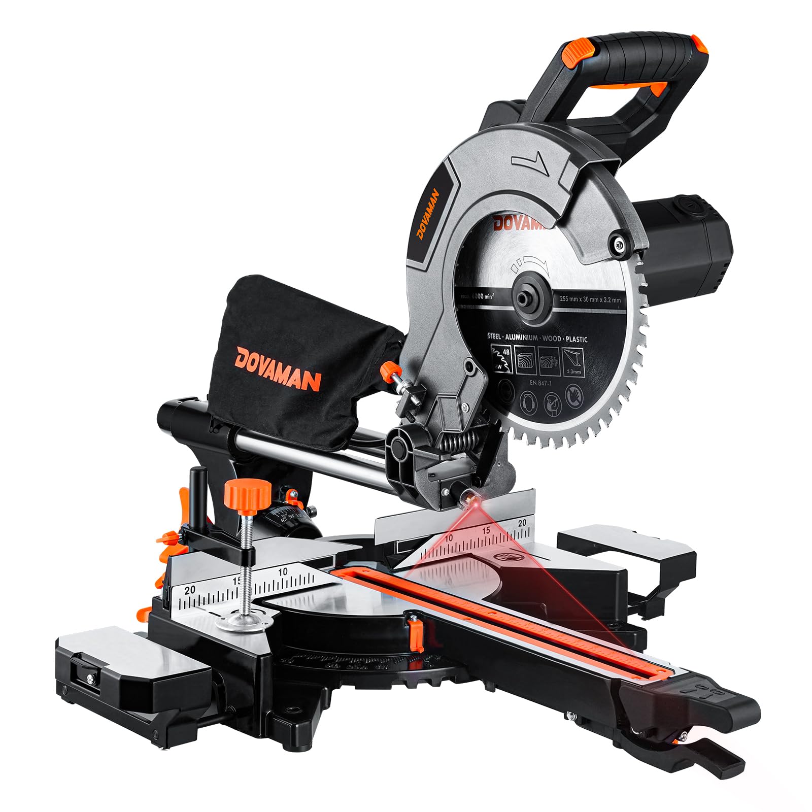 DOVAMAN DMS01A Troncatrice Radiale 2000W, Doppia Velocità 3200/5000 RPM, 3 Lame TCT, Taglio Max 340x90mm, Angolo 0-45°, Guida Laser, 9 Posizioni, Per Legno PVC Alluminio Metalli Teneri