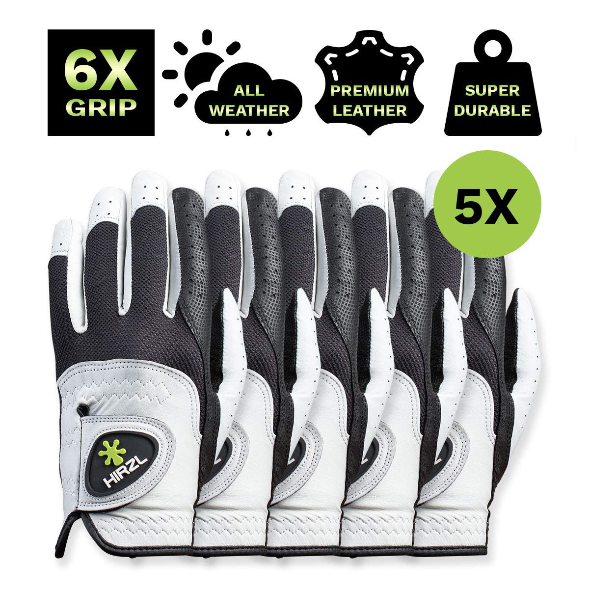 HIRZL Trust Control 2.0 Golf Gloves, All Weather Mens Golf Glove, White/Black, Kangaroo Leather Palm, Cabretta Leather Backhand, Trusted by Pro’s, Sweat Free, Ultimate Grip