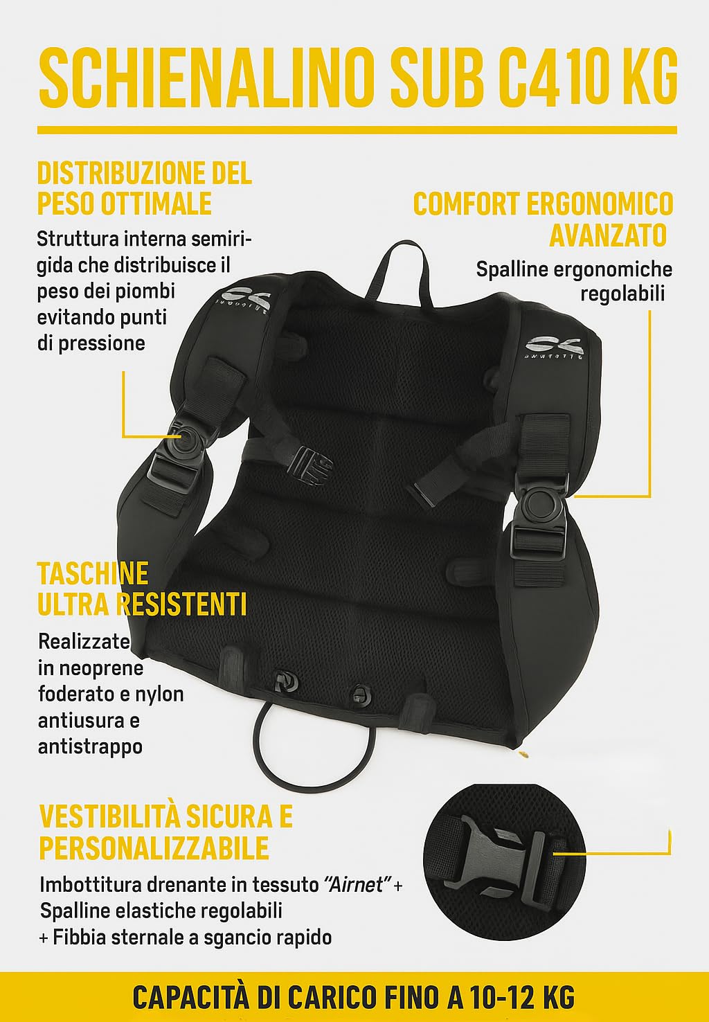 C4 SCHIENALINO 10 KG - Supporto Peso Piombi Subacquei - Ergonomico, Regolabile e Imbottito -Tasche Rinforzate in Neoprene - Confort e Stabilità