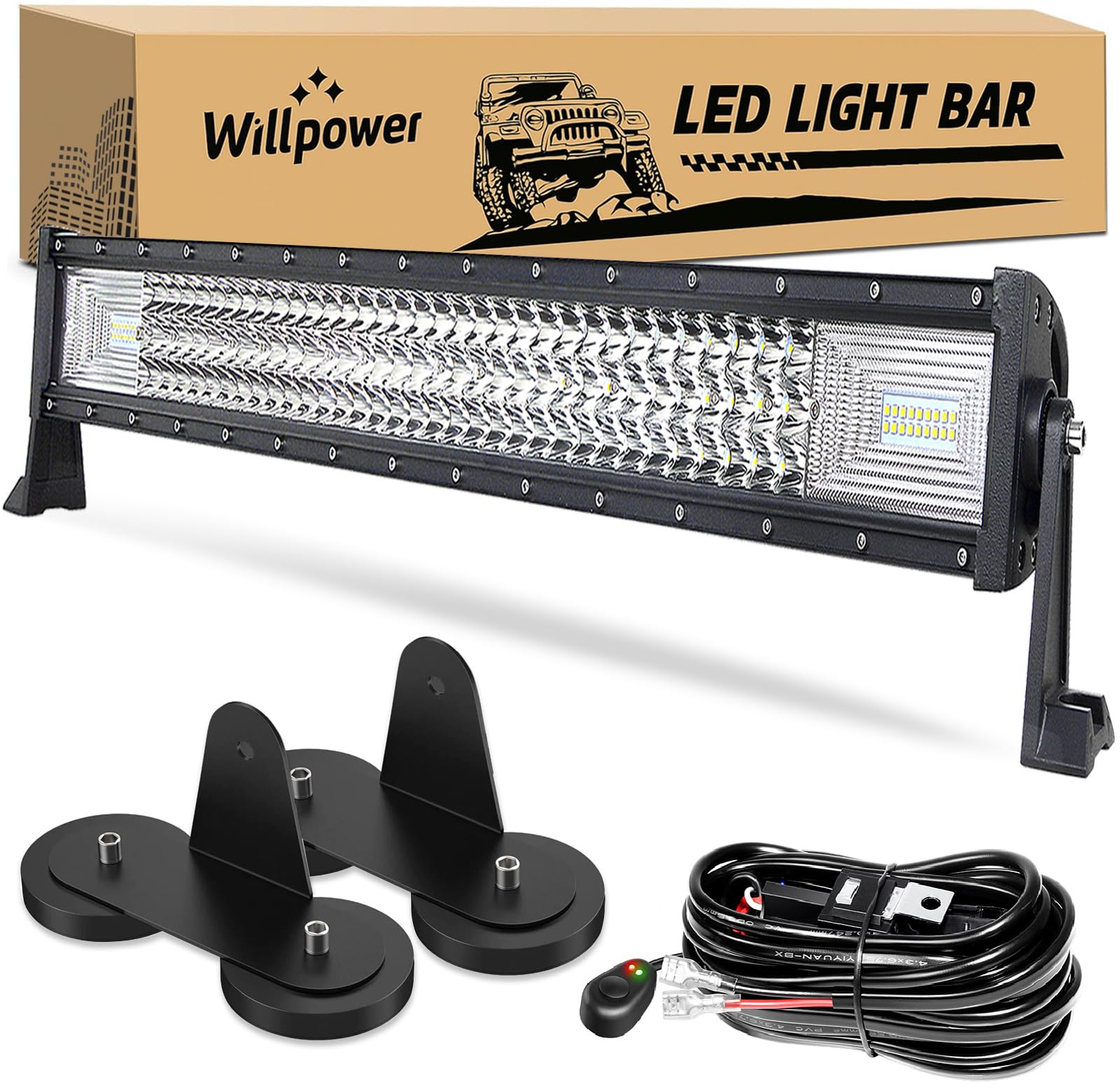 Willpower Listwa LED z uchwytem magnetycznym i okablowaniem 32 cale 405 W kombinacja punktowa i rampy powodziowej LED do 4x4 samochodów ciężarowych ciągników SUV ATV 4x4