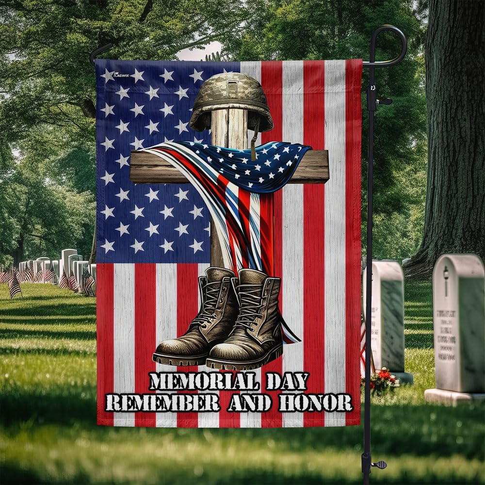 American Flag-Veteran Memorial Cross Memorial Day Remember and Honor Flag MLN2654F, Garden Flag (11.5" x 17.5")-USA Flags Premium Polyester-Decorative Indoor Outdoor Flag