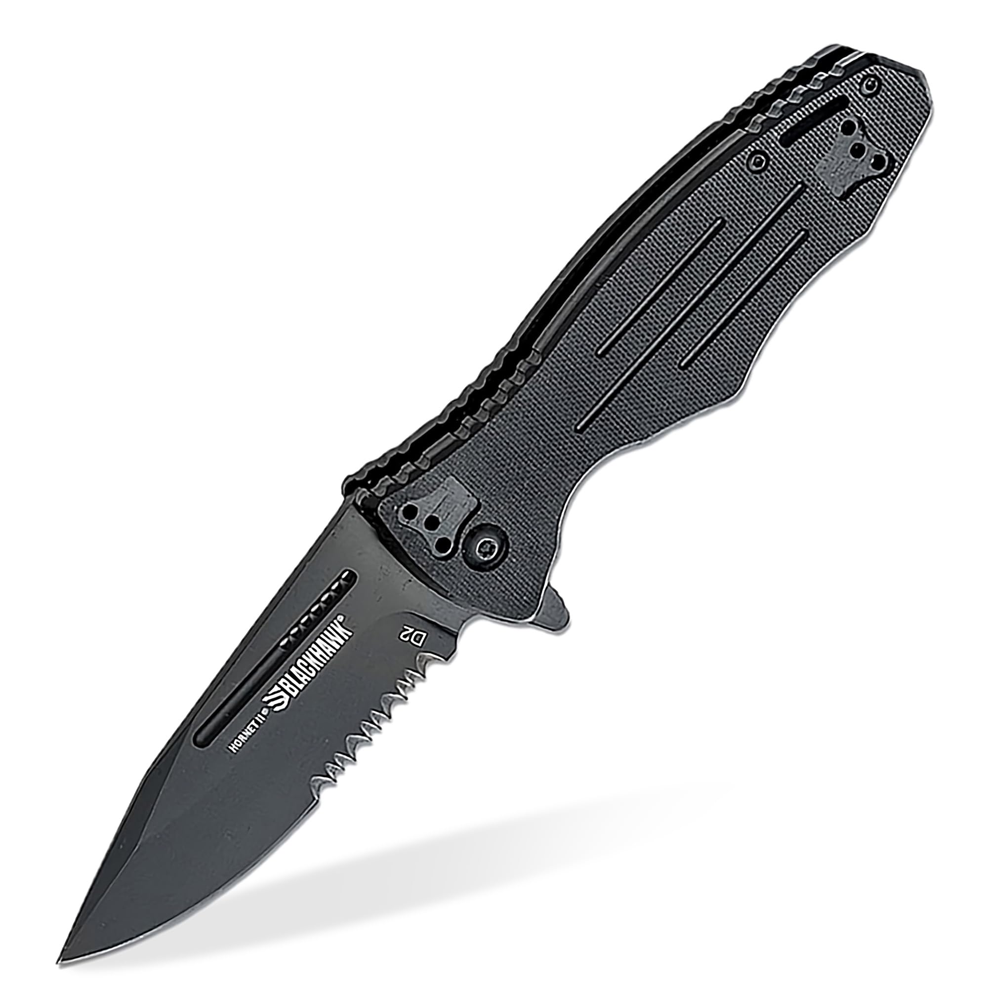 Blackhawk Hornet II™ G10 Sideliner Pocket Knife, Spring Assisted Folding EDC Flipper, D2 Tool Steel Drop Point Partial Serrated Black DLC Blade, Liner