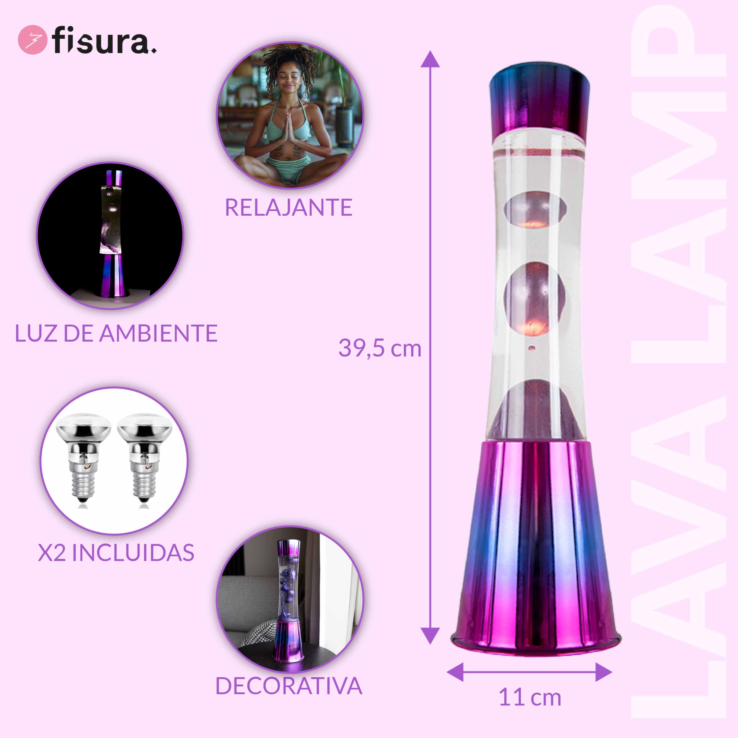 Fisura - Lámpara de lava iridiscente. Base iridiscente, líquido transparente y lava morado metálico. Lámpara efecto relajante. Con bombilla de repuesto. 11 cm x 11cm x 39,5 cm.