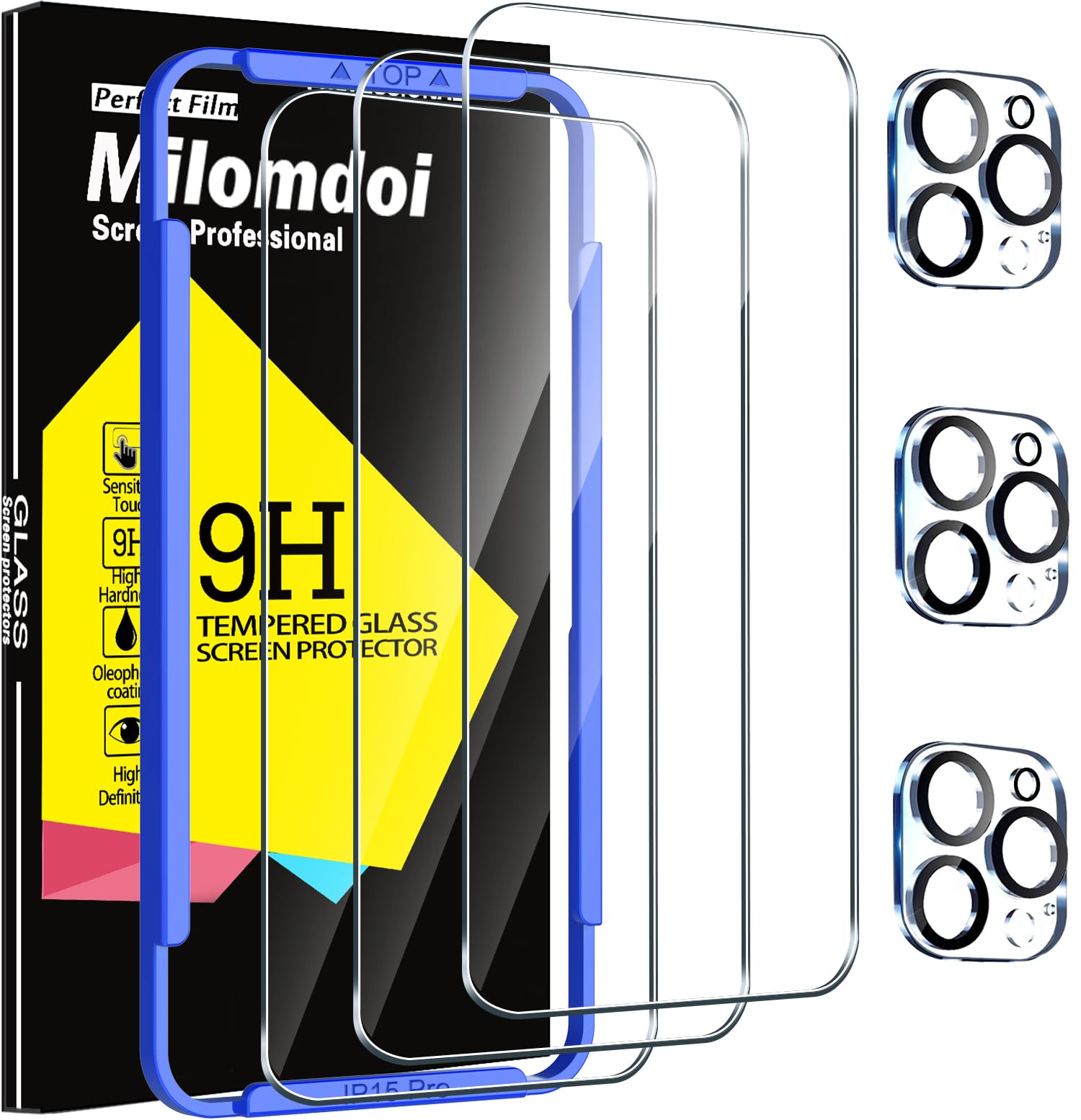 Milomdoi 3 Pack Screen Protector for Apple iPhone 15 Pro with 3 Pack Tempered Glass Camera Lens Protector, Ultra 9H Accessories, Case Friendly,