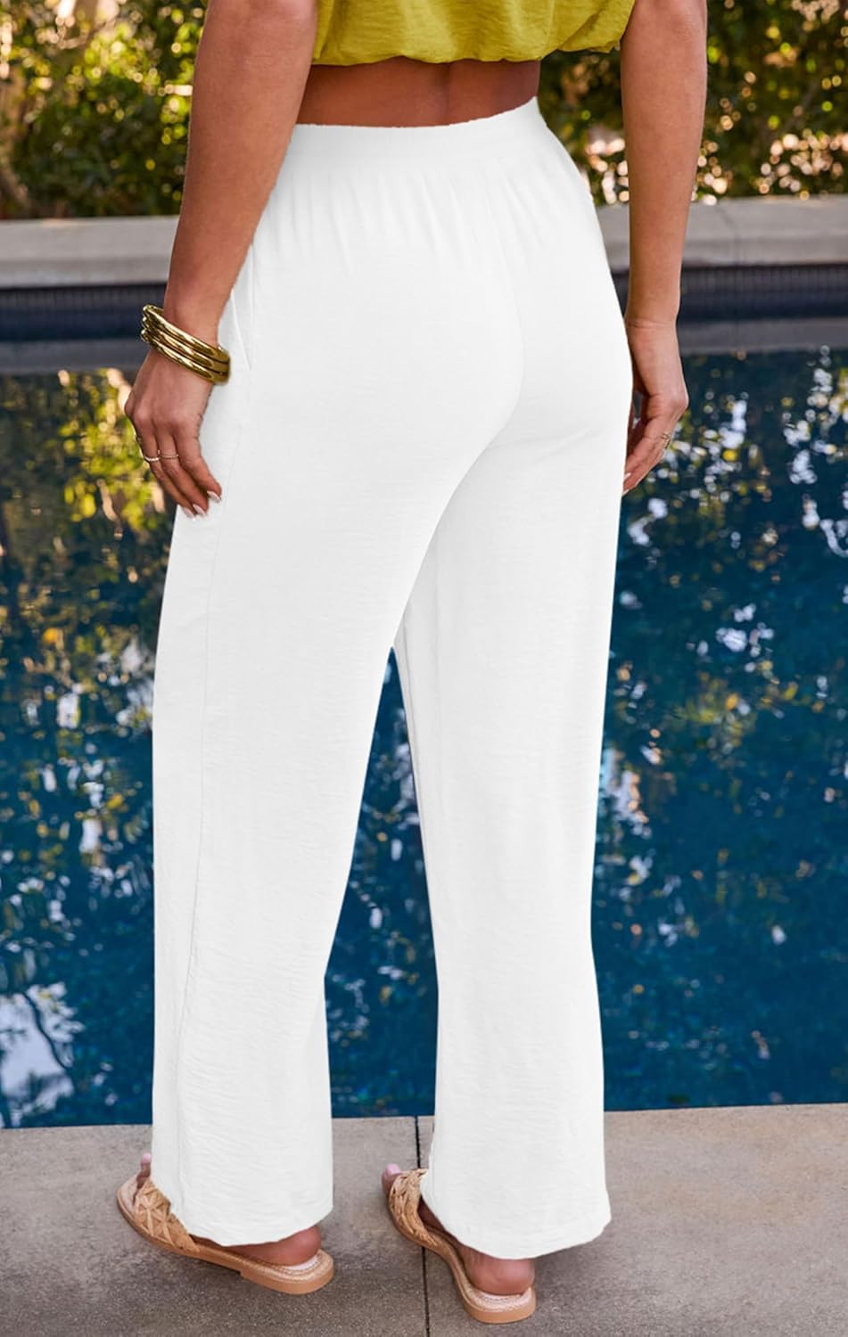 Diosun Womens Casual Palazzo Pants High Waisted Wide Leg Long Lounge Elastic Drawstring Waist Trousers with Pockets(XXL, White) - Image 2