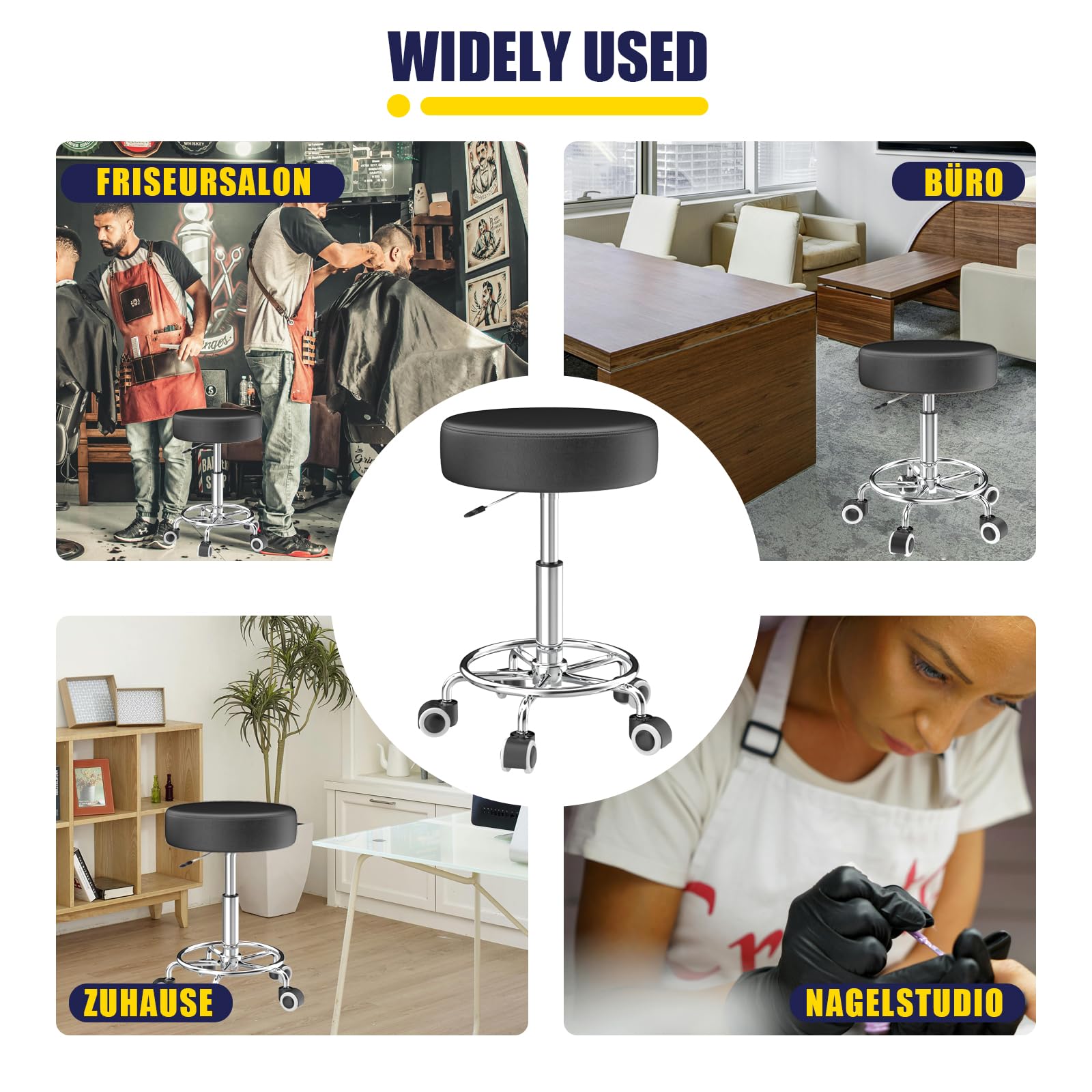 Hocker höhenverstellbar 49cm-63cm,Rollhocker mit fußstützezur Entspannung des Körpers,kompakt,bequem und leicht PU leder hocker mit rollen,drehhocker,arbeitshocker,friseurhocker,bürohocker (1 Schwarz)