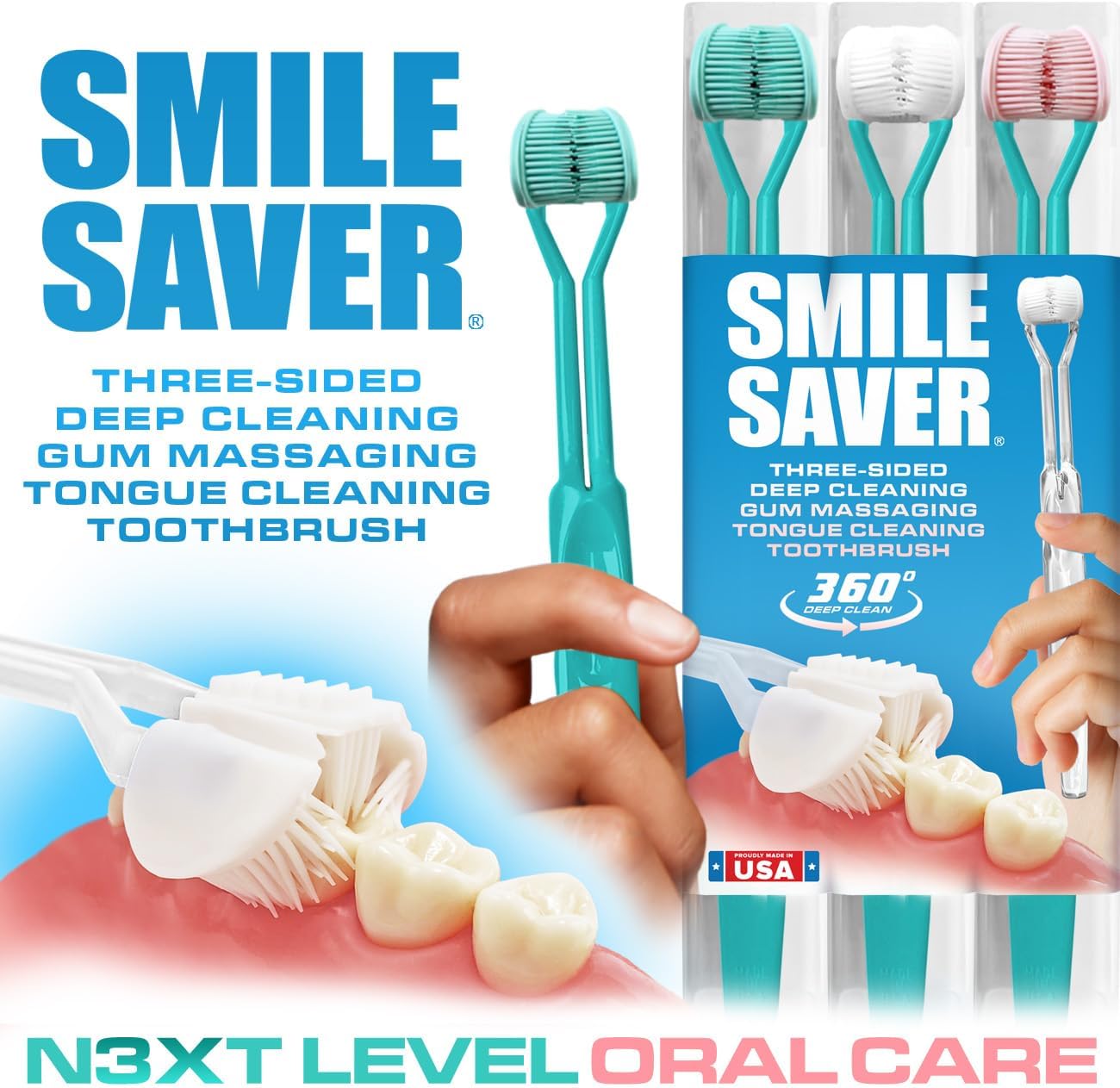 Smile Saver 360° 3-Sided Toothbrush for Kids & Adults | Sustainable U-Shaped Triple Soft Bristle Heads + Tongue Scraper Braces Caregivers Kids Child Adult | Prevention Gum Massage Special Needs | USA