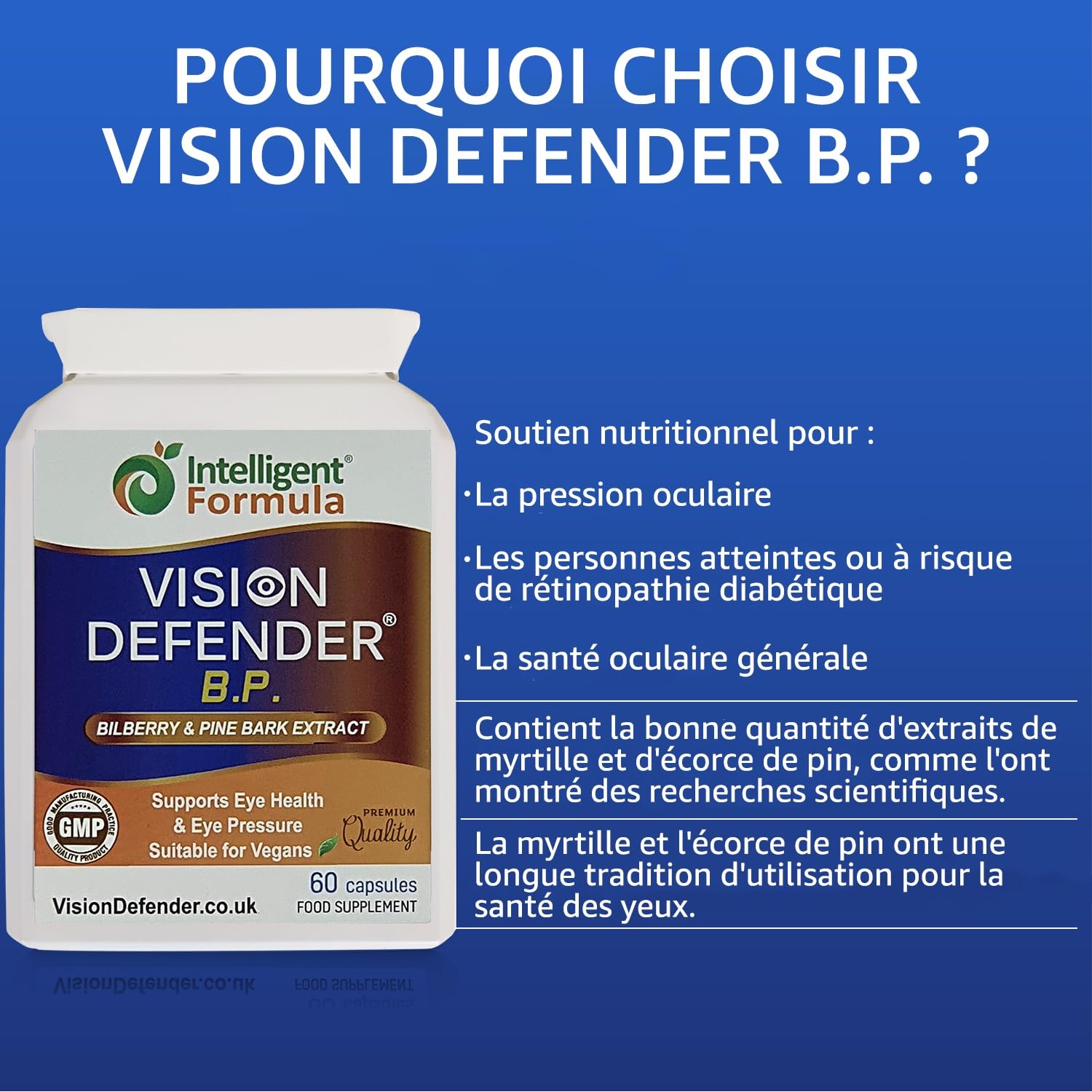 Vision Defender BP Complément Alimentaire Yeux: Soutien de la Pression Oculaire, de la Circulation et de la Rétine. Extraits de Myrtille et de Pin Maritime. 60 Gélules Véganes. Fabriqué au Royaume-Uni