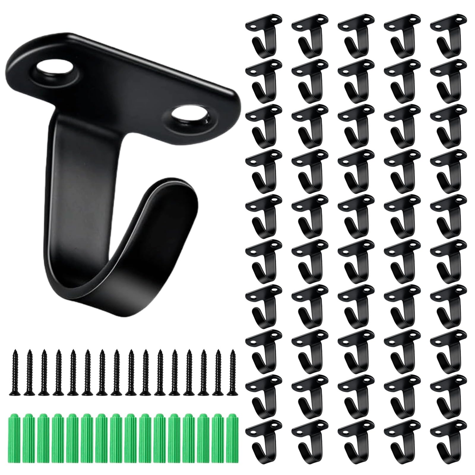 50 ganci in acciaio inossidabile nero con 100 viti e ancoraggi, ganci da soffitto da 3,6 cm, rivestiti di nero, ganci a vite da parete per casa, cucina