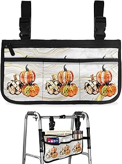 Marble Pumpkins,Wheelchair Side Bag,Wheelchair Walker Armrest Bags with Cup Holder & Reflective Stripes,Mobility Scooter Walker Rollator Wheelchair Boho Checkered Orange Fall Thanksgiving Holiday